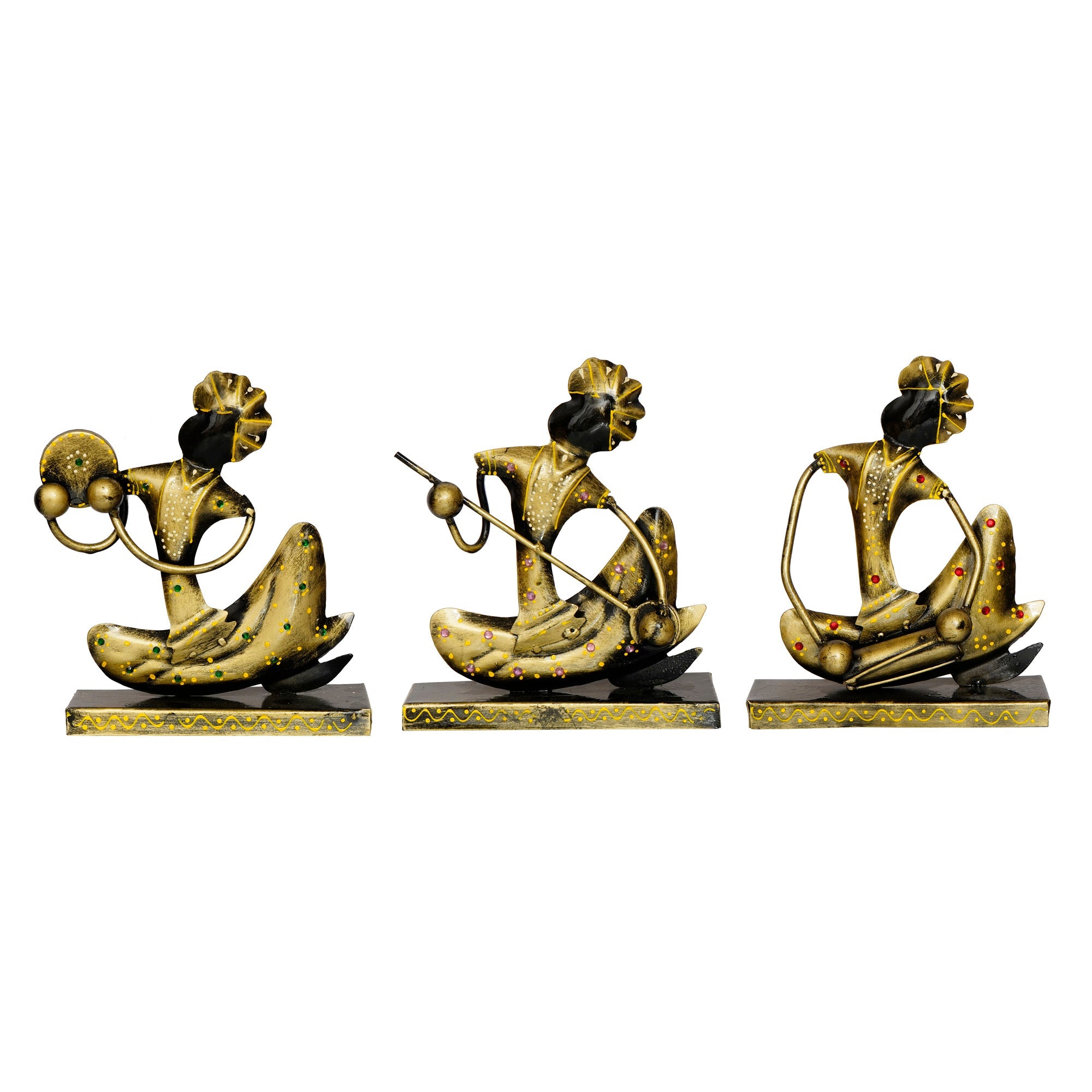 Iron Set of 3 Tribal Man Figurines with Paghdi Playing Tambourine/Dafli, Banjo, Dholak Musical Instruments Decorative Showpiece (Golden and Black) Kafalo