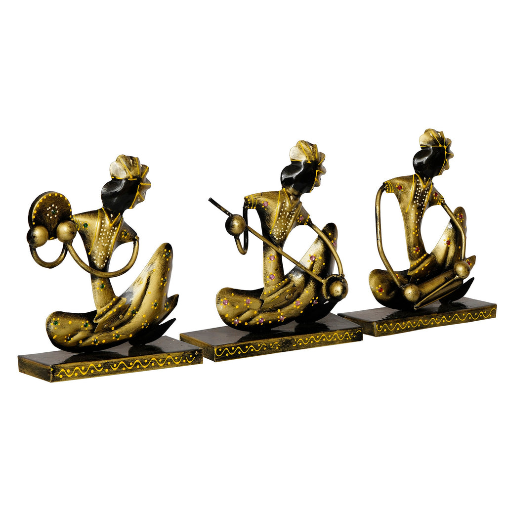 Iron Set of 3 Tribal Man Figurines with Paghdi Playing Tambourine/Dafli, Banjo, Dholak Musical Instruments Decorative Showpiece (Golden and Black) Kafalo