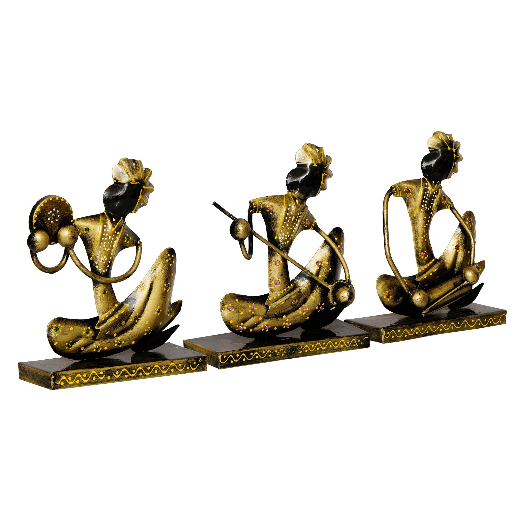 Iron Set of 3 Tribal Man Figurines with Paghdi Playing Tambourine/Dafli, Banjo, Dholak Musical Instruments Decorative Showpiece (Golden and Black) Kafalo