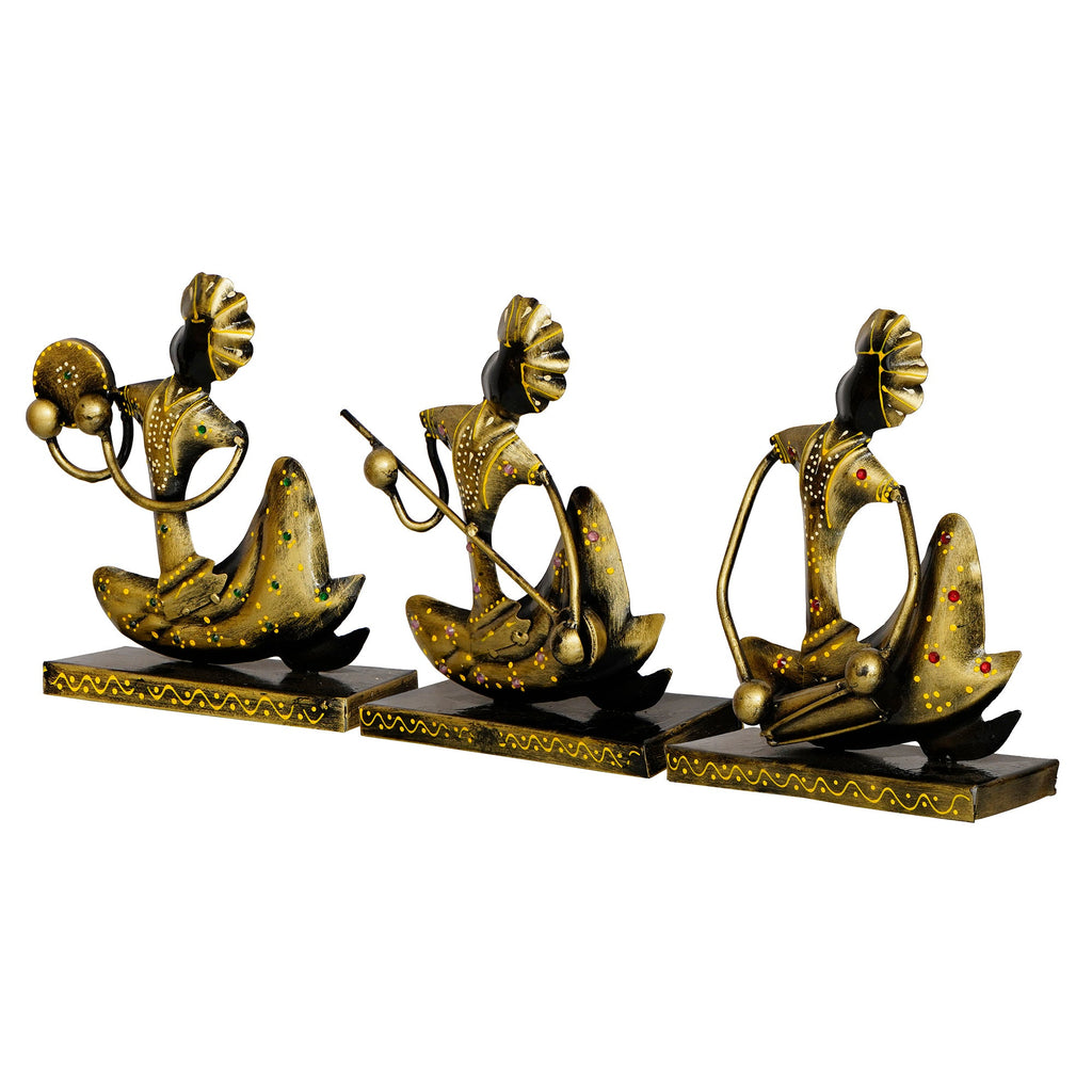 Iron Set of 3 Tribal Man Figurines with Paghdi Playing Tambourine/Dafli, Banjo, Dholak Musical Instruments Decorative Showpiece (Golden and Black) Kafalo