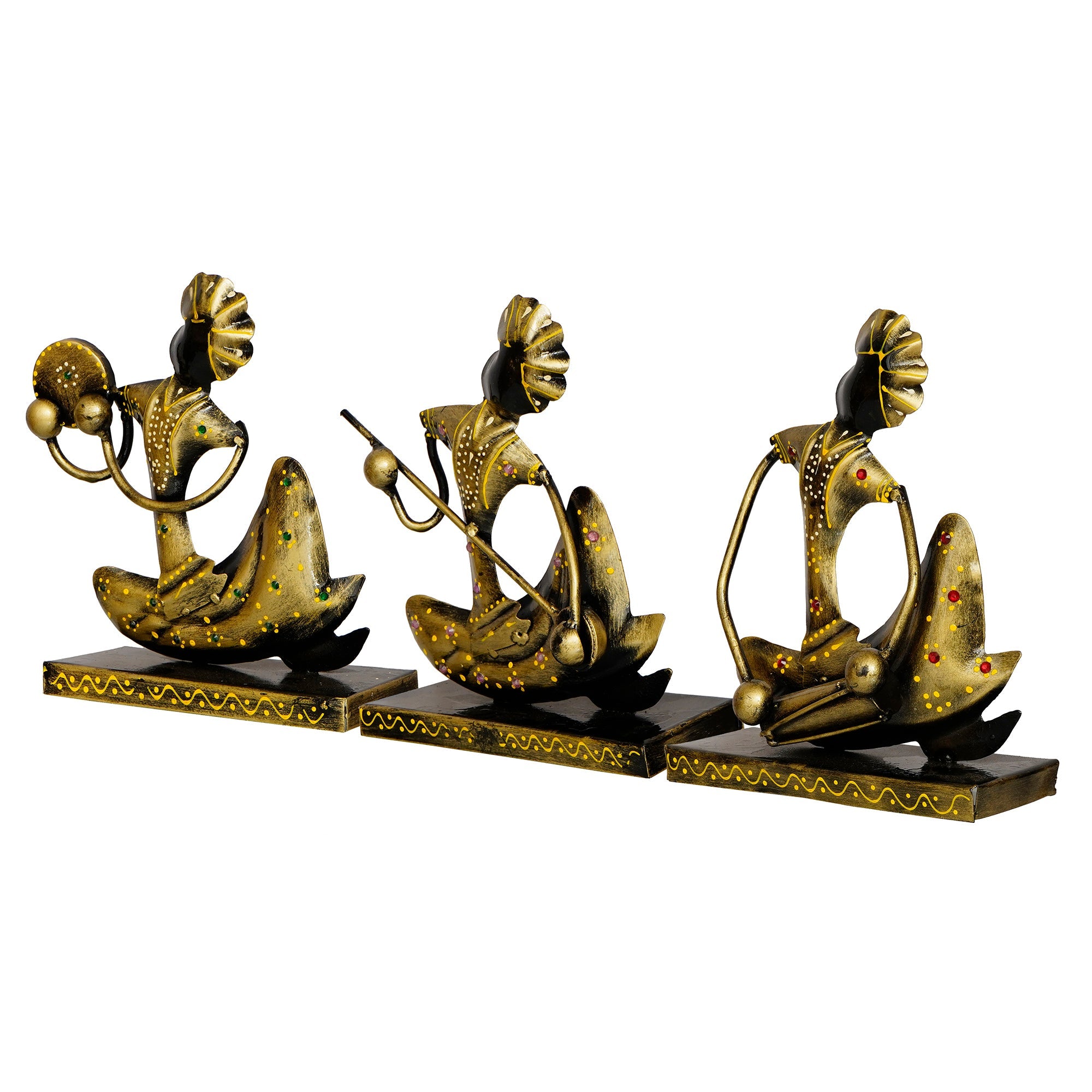 Iron Set of 3 Tribal Man Figurines with Paghdi Playing Tambourine/Dafli, Banjo, Dholak Musical Instruments Decorative Showpiece (Golden and Black) Kafalo