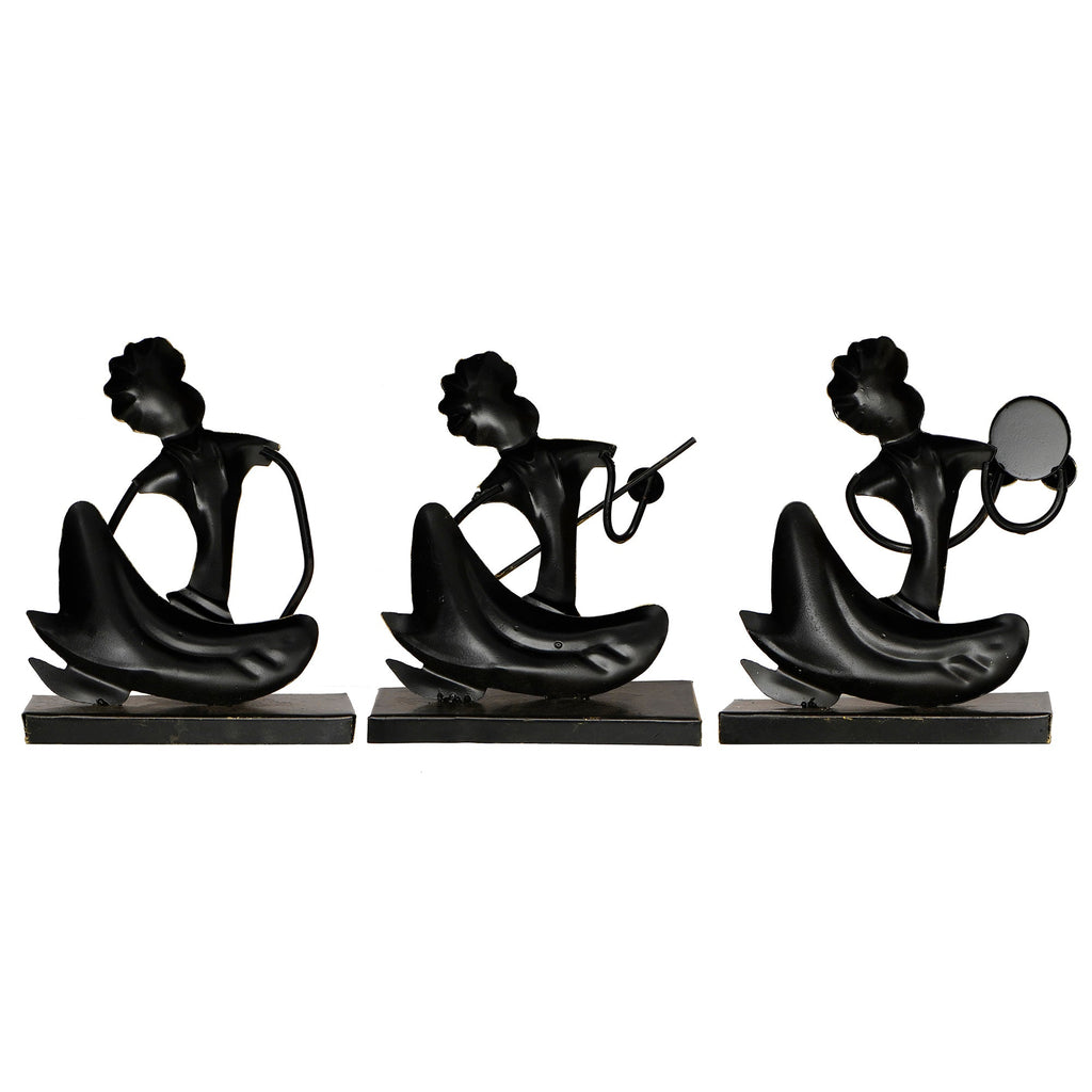 Iron Set of 3 Tribal Man Figurines with Paghdi Playing Tambourine/Dafli, Banjo, Dholak Musical Instruments Decorative Showpiece (Golden and Black) Kafalo