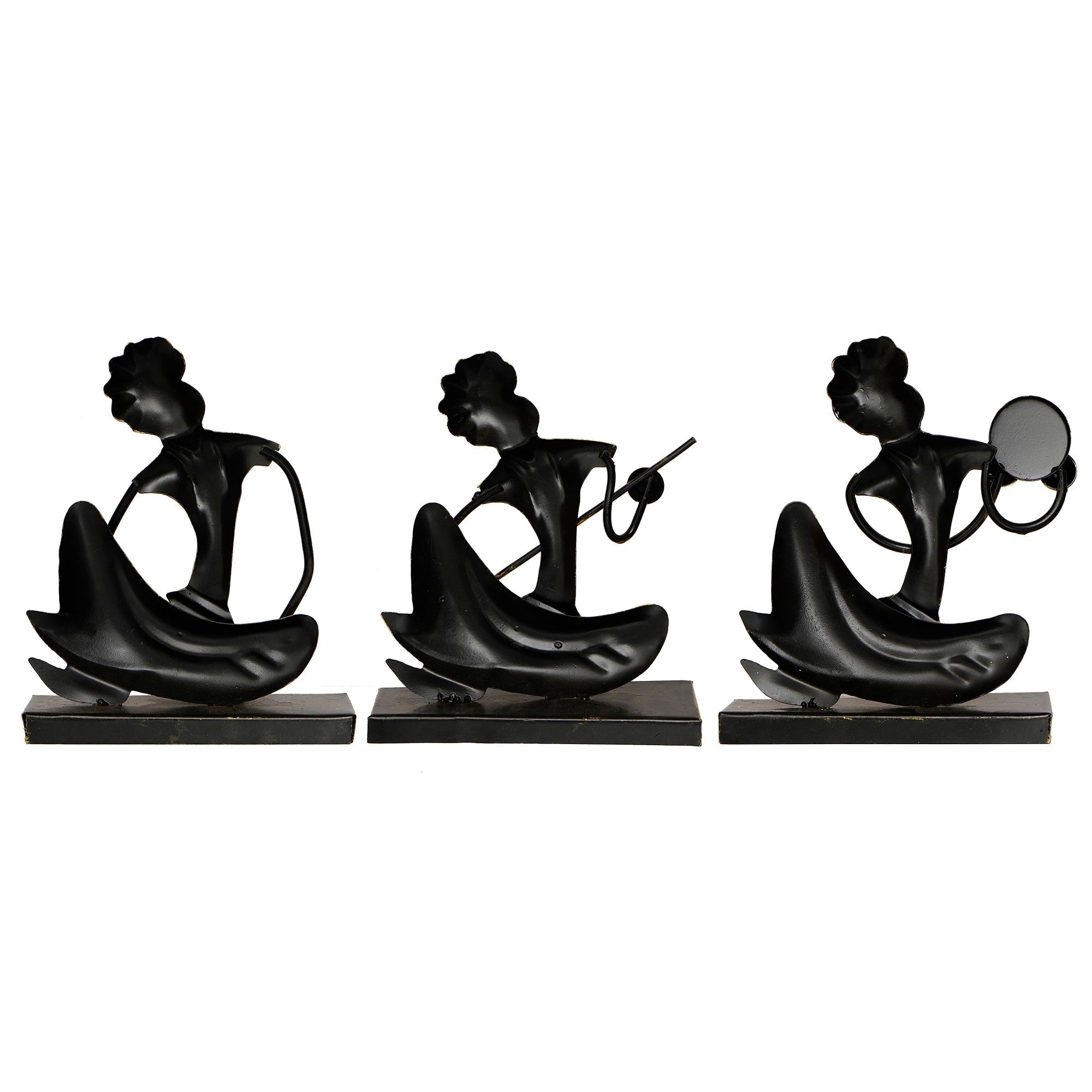 Iron Set of 3 Tribal Man Figurines with Paghdi Playing Tambourine/Dafli, Banjo, Dholak Musical Instruments Decorative Showpiece (Golden and Black) Kafalo