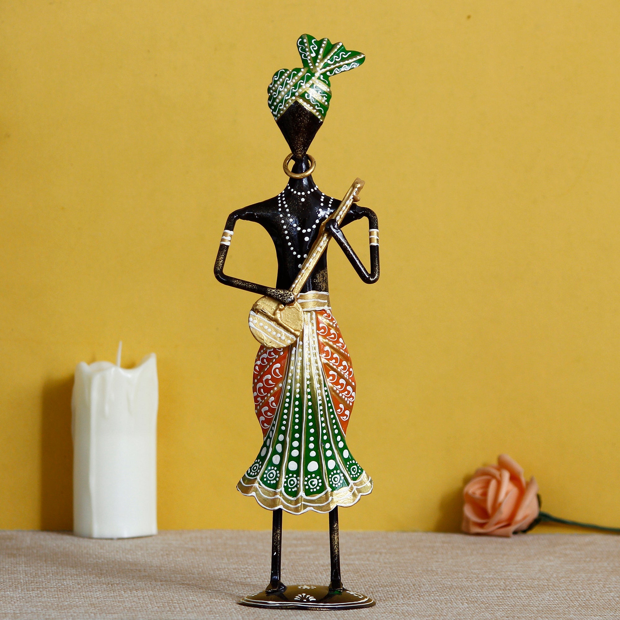 Iron Tribal Man Figurine Playing Dholak Musical Instrument Decorative Showpiece (Black, Blue and Red) Kafalo