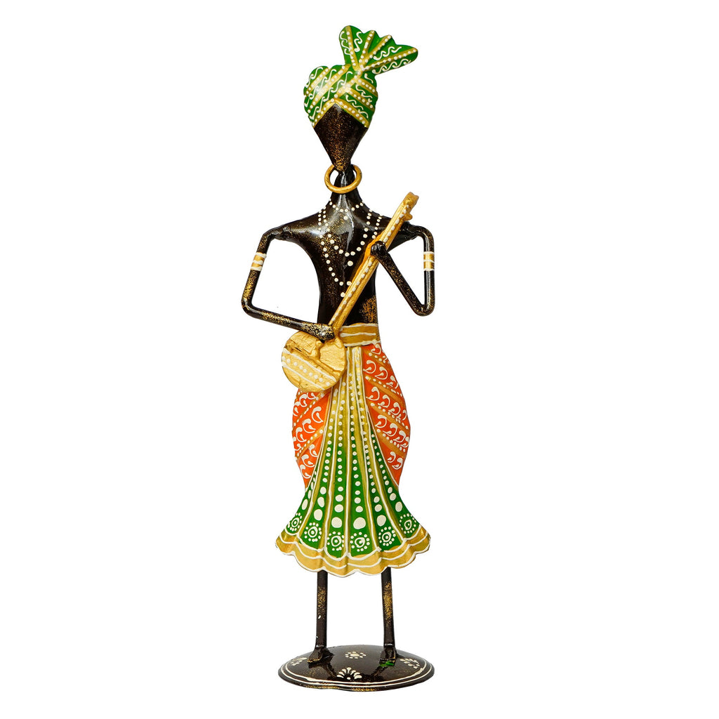 Iron Tribal Man Figurine Playing Dholak Musical Instrument Decorative Showpiece (Black, Blue and Red) Kafalo