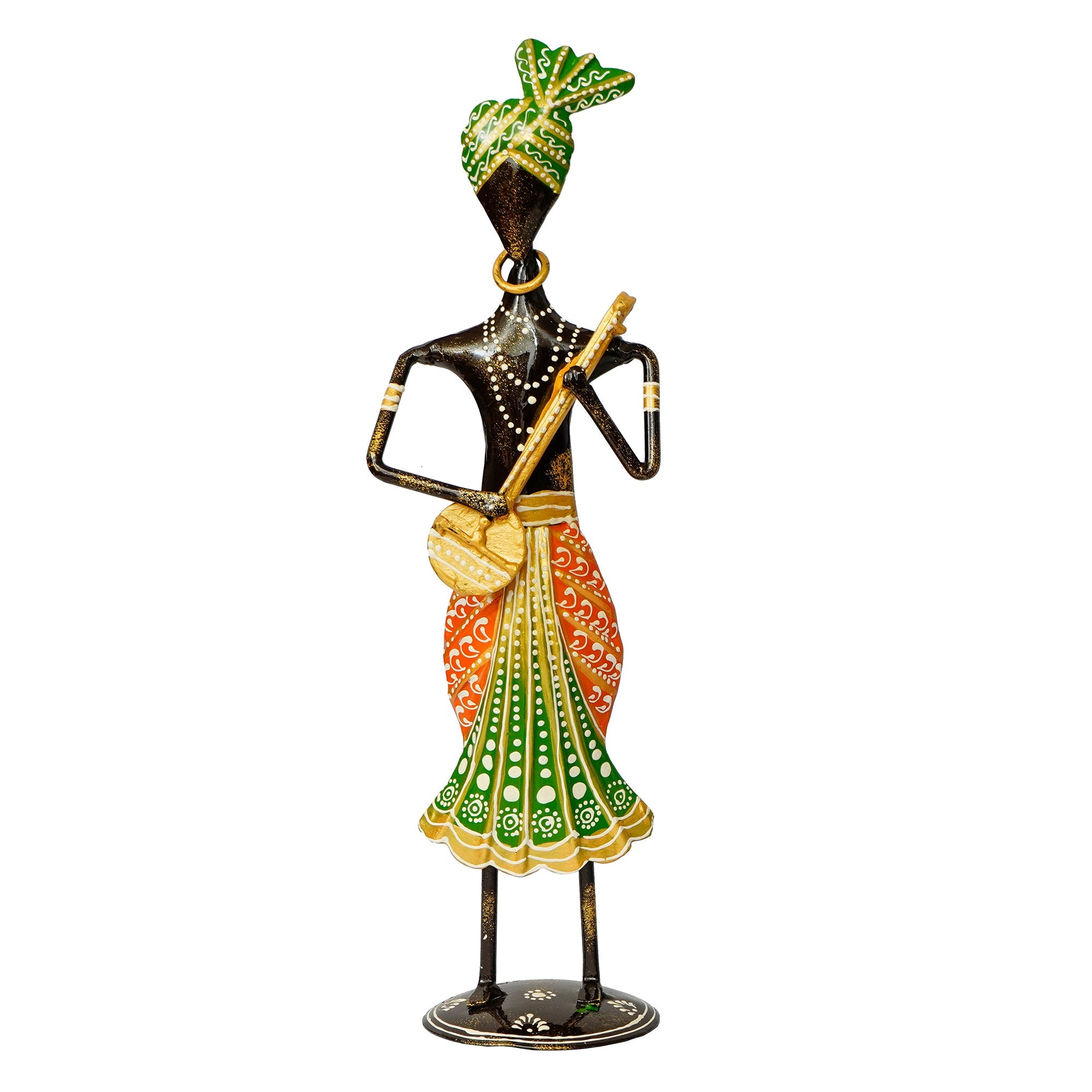 Iron Tribal Man Figurine Playing Dholak Musical Instrument Decorative Showpiece (Black, Blue and Red) Kafalo