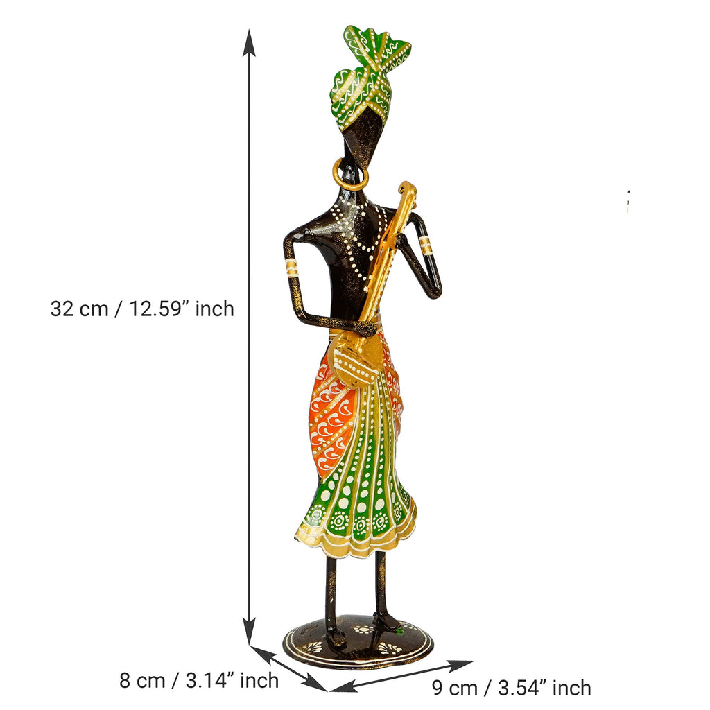 Iron Tribal Man Figurine Playing Dholak Musical Instrument Decorative Showpiece (Black, Blue and Red) Kafalo