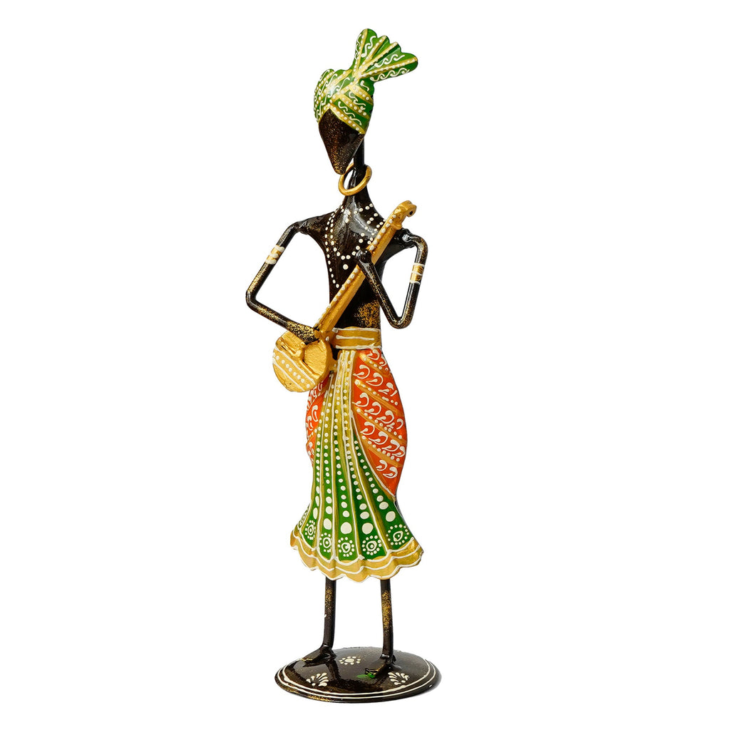 Iron Tribal Man Figurine Playing Dholak Musical Instrument Decorative Showpiece (Black, Blue and Red) Kafalo
