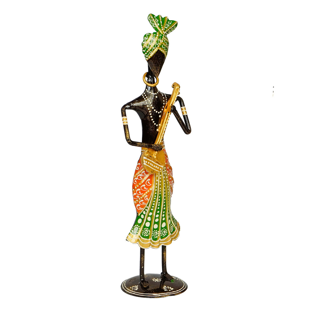 Iron Tribal Man Figurine Playing Dholak Musical Instrument Decorative Showpiece (Black, Blue and Red) Kafalo