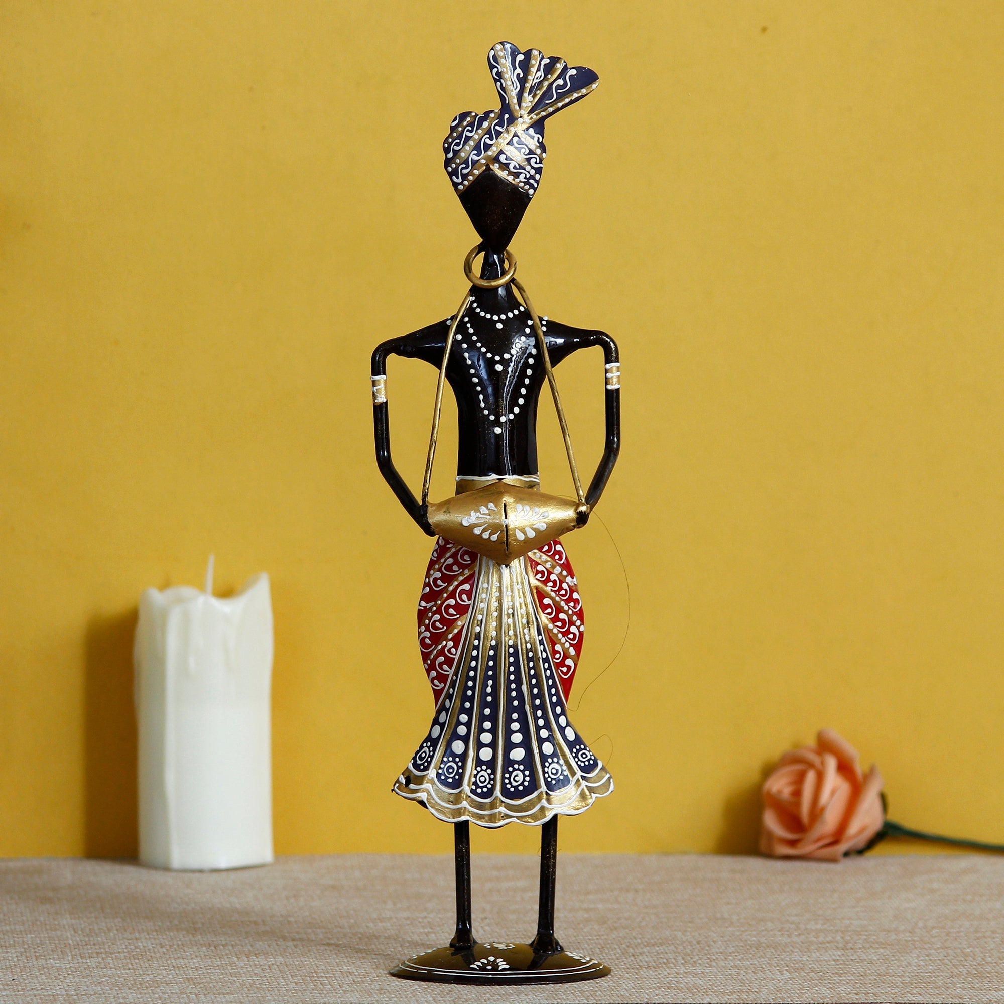 Iron Tribal Man Figurine Playing Banjo Musical Instrument Decorative Showpiece (Black, Green and Orange) Kafalo
