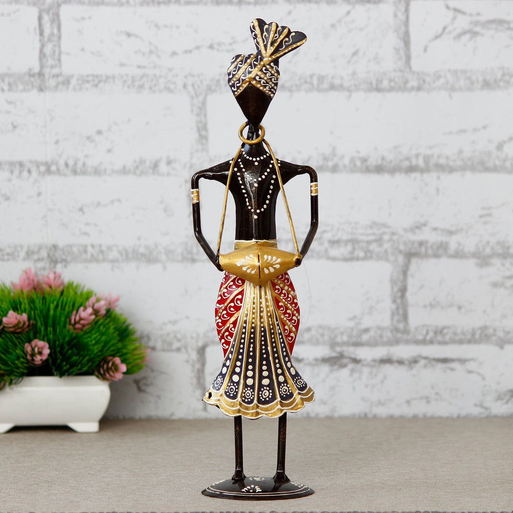 Iron Tribal Man Figurine Playing Banjo Musical Instrument Decorative Showpiece (Black, Green and Orange) Kafalo