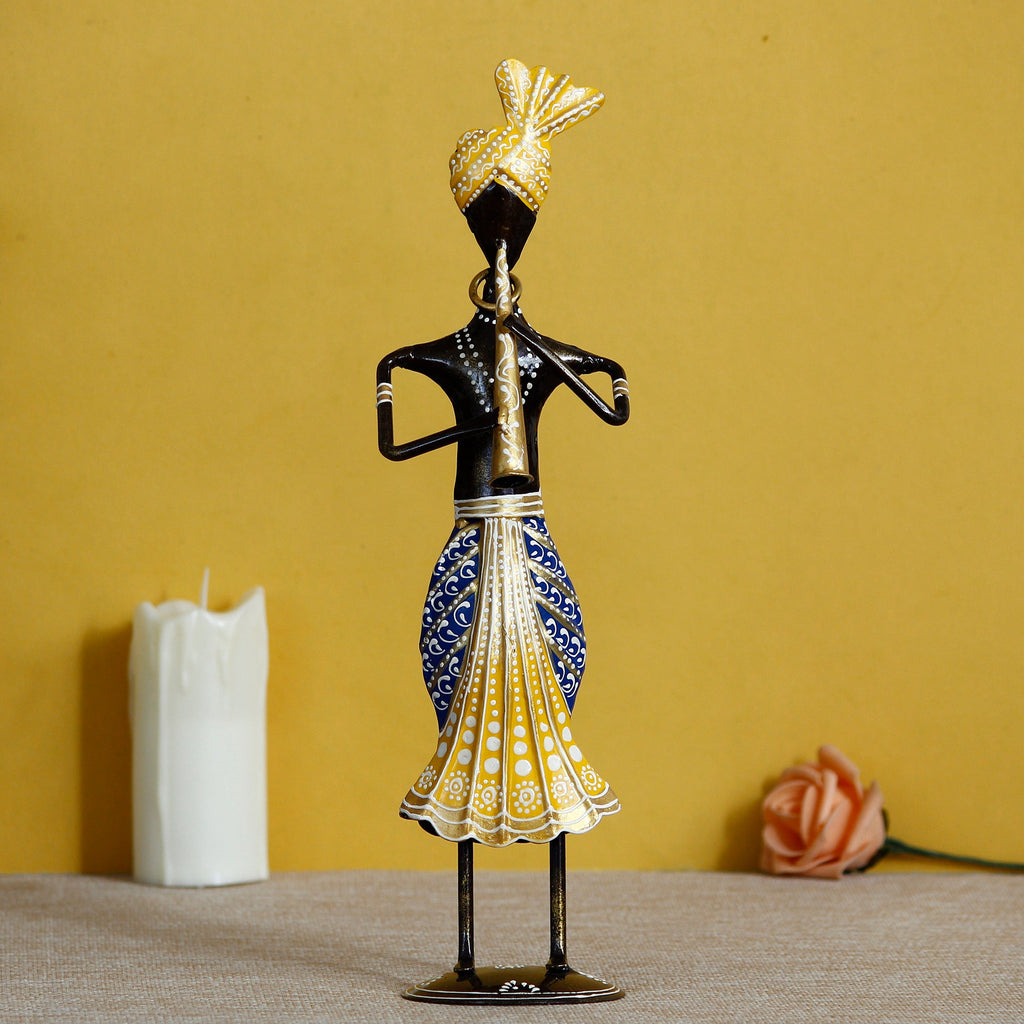 Iron Tribal Man Figurine Playing Trumpet Musical Instrument Decorative Showpiece (Black, Yellow and Blue) Kafalo