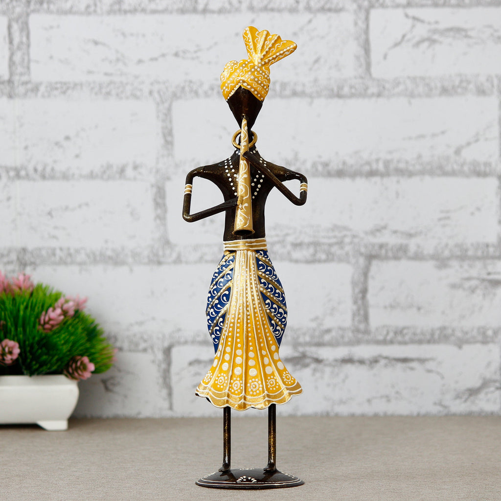 Iron Tribal Man Figurine Playing Trumpet Musical Instrument Decorative Showpiece (Black, Yellow and Blue) Kafalo