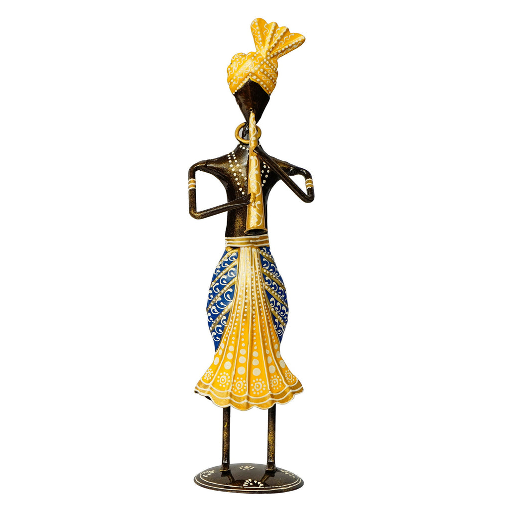 Iron Tribal Man Figurine Playing Trumpet Musical Instrument Decorative Showpiece (Black, Yellow and Blue) Kafalo