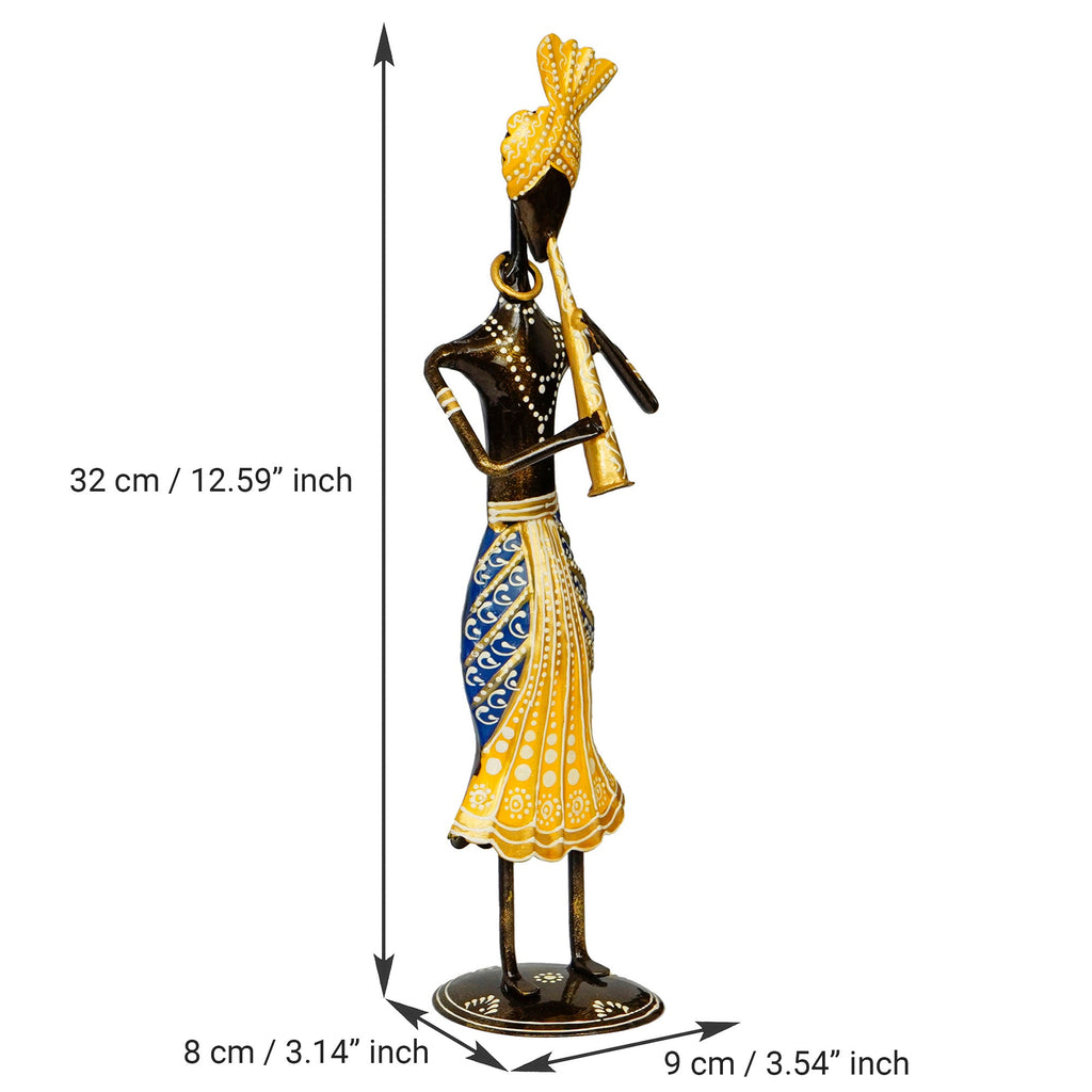 Iron Tribal Man Figurine Playing Trumpet Musical Instrument Decorative Showpiece (Black, Yellow and Blue) Kafalo