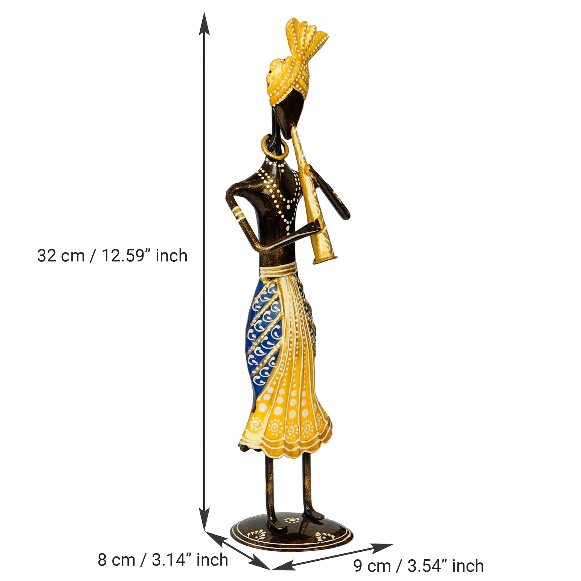 Iron Tribal Man Figurine Playing Trumpet Musical Instrument Decorative Showpiece (Black, Yellow and Blue) Kafalo