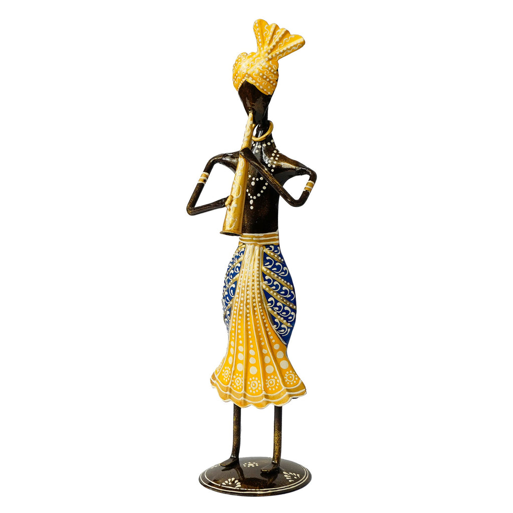 Iron Tribal Man Figurine Playing Trumpet Musical Instrument Decorative Showpiece (Black, Yellow and Blue) Kafalo