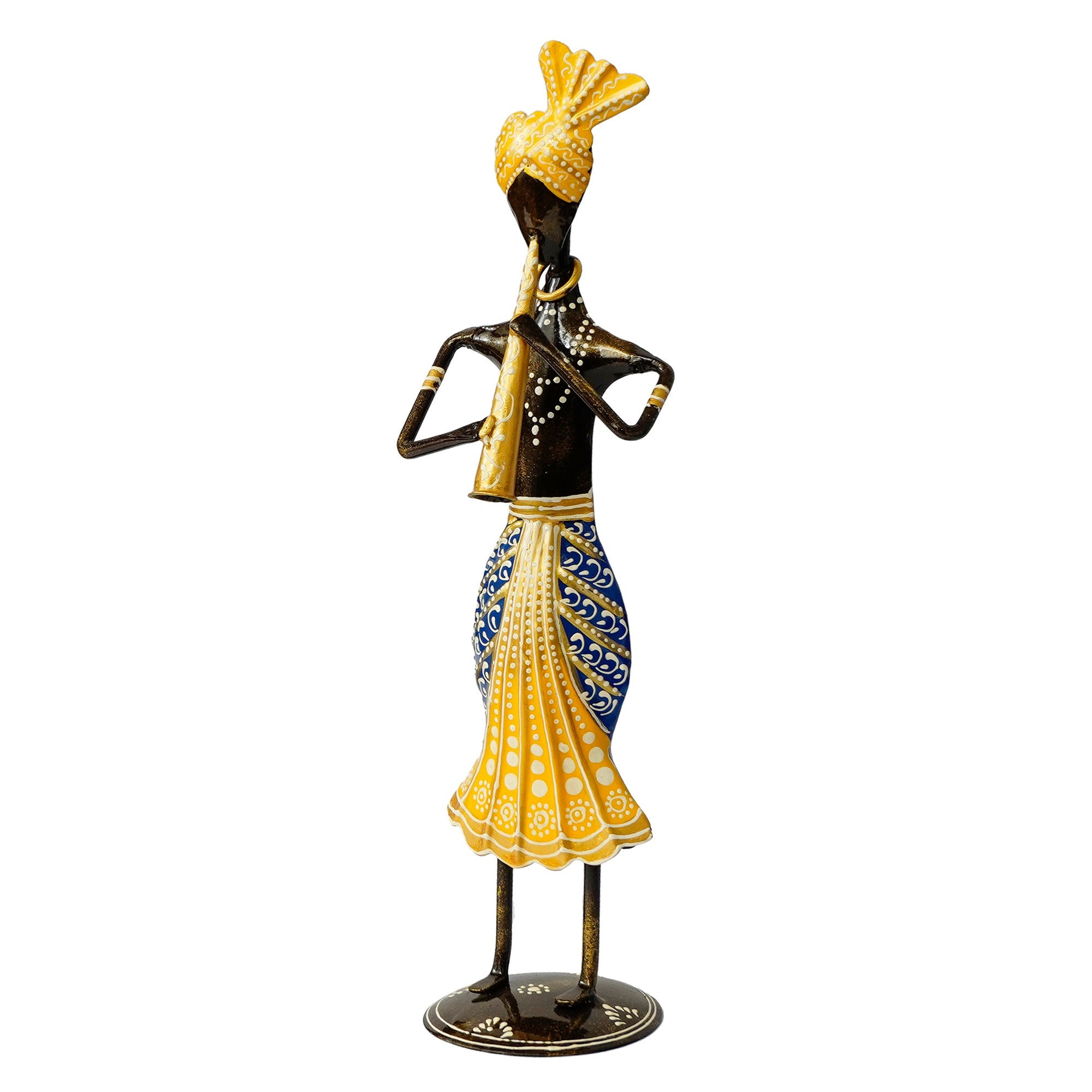 Iron Tribal Man Figurine Playing Trumpet Musical Instrument Decorative Showpiece (Black, Yellow and Blue) Kafalo