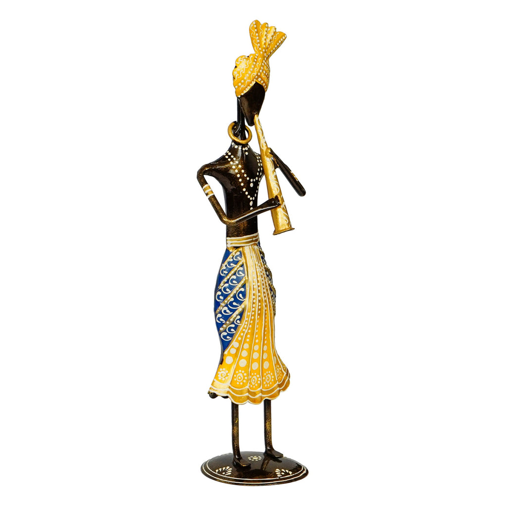 Iron Tribal Man Figurine Playing Trumpet Musical Instrument Decorative Showpiece (Black, Yellow and Blue) Kafalo