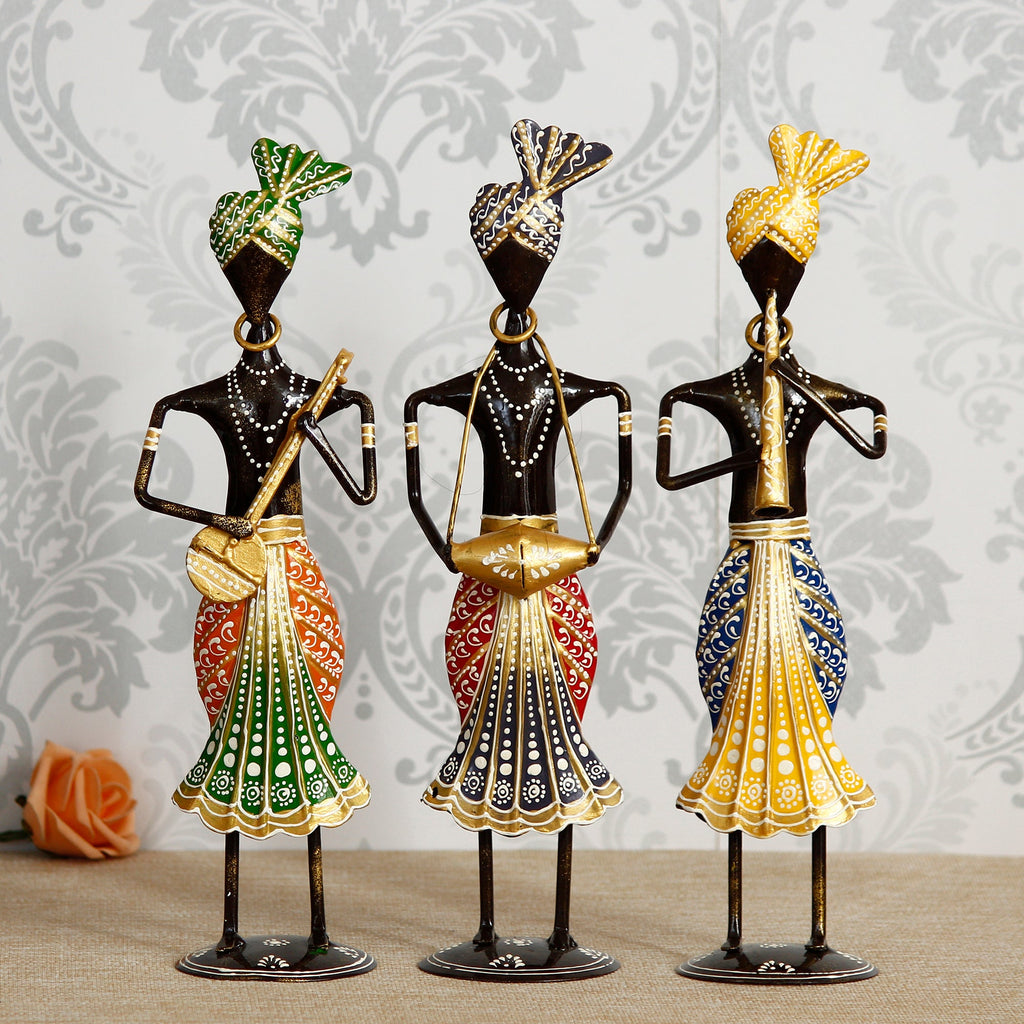 Iron Set of 3 Tribal Man Figurines Playing Banjo, Dholak, Trumpet Musical Instruments Decorative Showpiece Kafalo