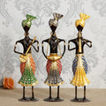 Iron Set of 3 Tribal Man Figurines Playing Banjo, Dholak, Trumpet Musical Instruments Decorative Showpiece Kafalo