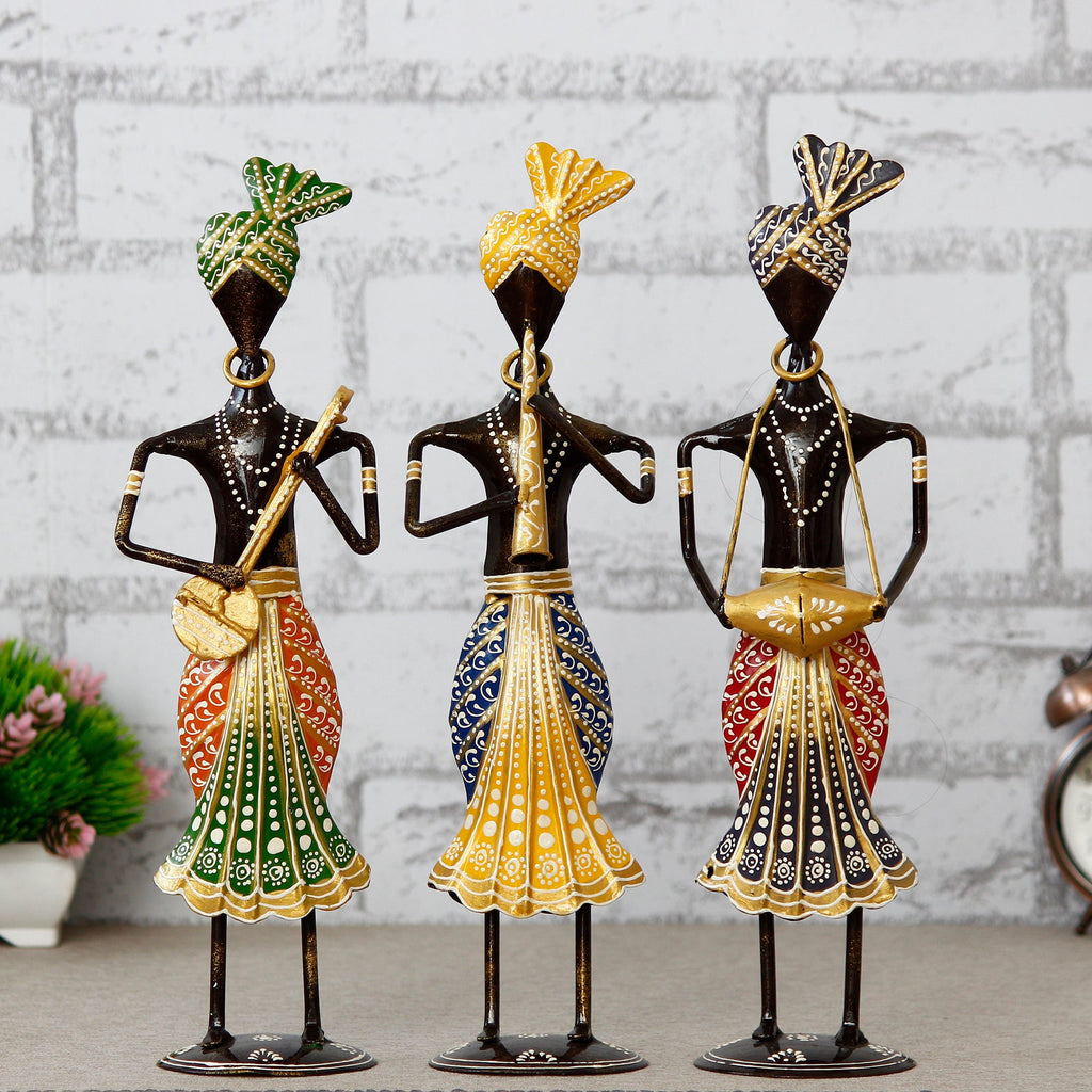 Iron Set of 3 Tribal Man Figurines Playing Banjo, Dholak, Trumpet Musical Instruments Decorative Showpiece Kafalo