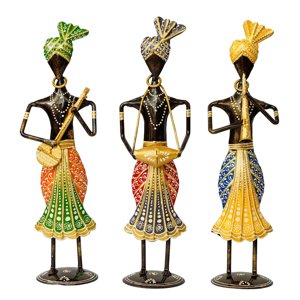 Iron Set of 3 Tribal Man Figurines Playing Banjo, Dholak, Trumpet Musical Instruments Decorative Showpiece Kafalo
