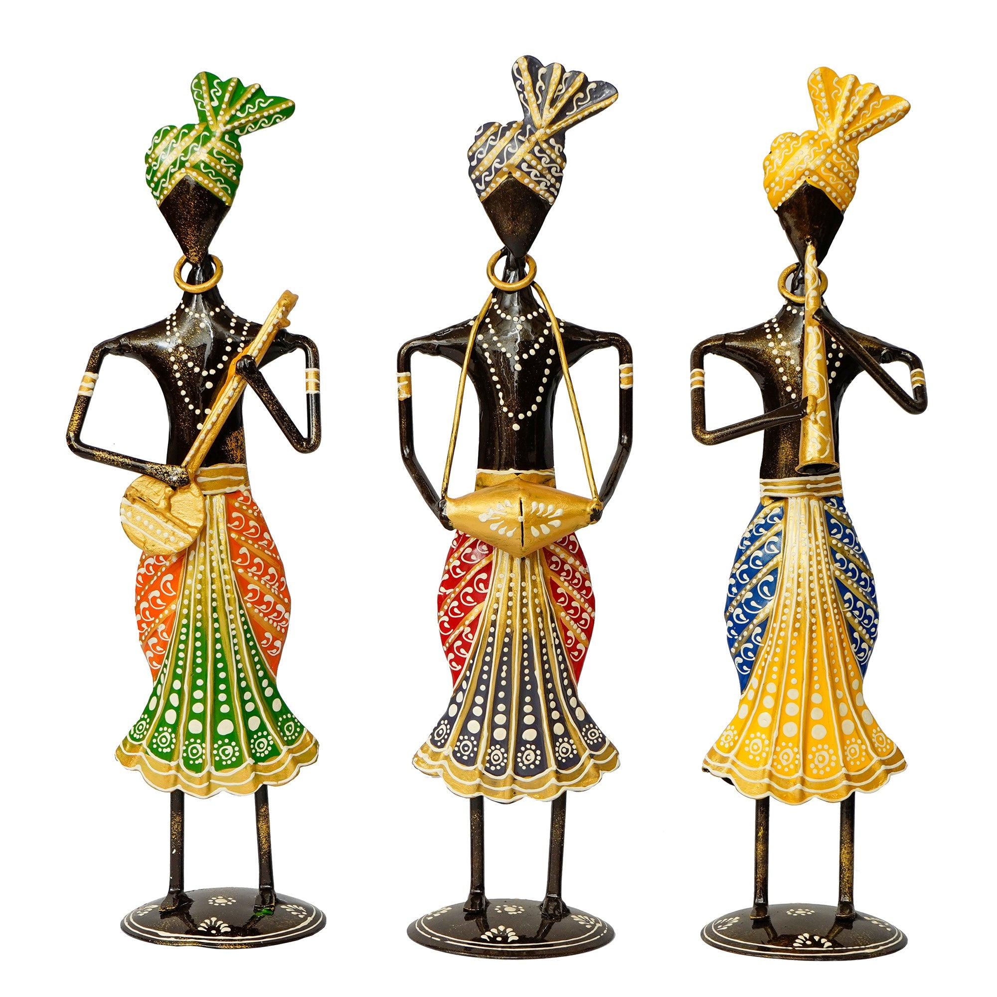 Iron Set of 3 Tribal Man Figurines Playing Banjo, Dholak, Trumpet Musical Instruments Decorative Showpiece Kafalo