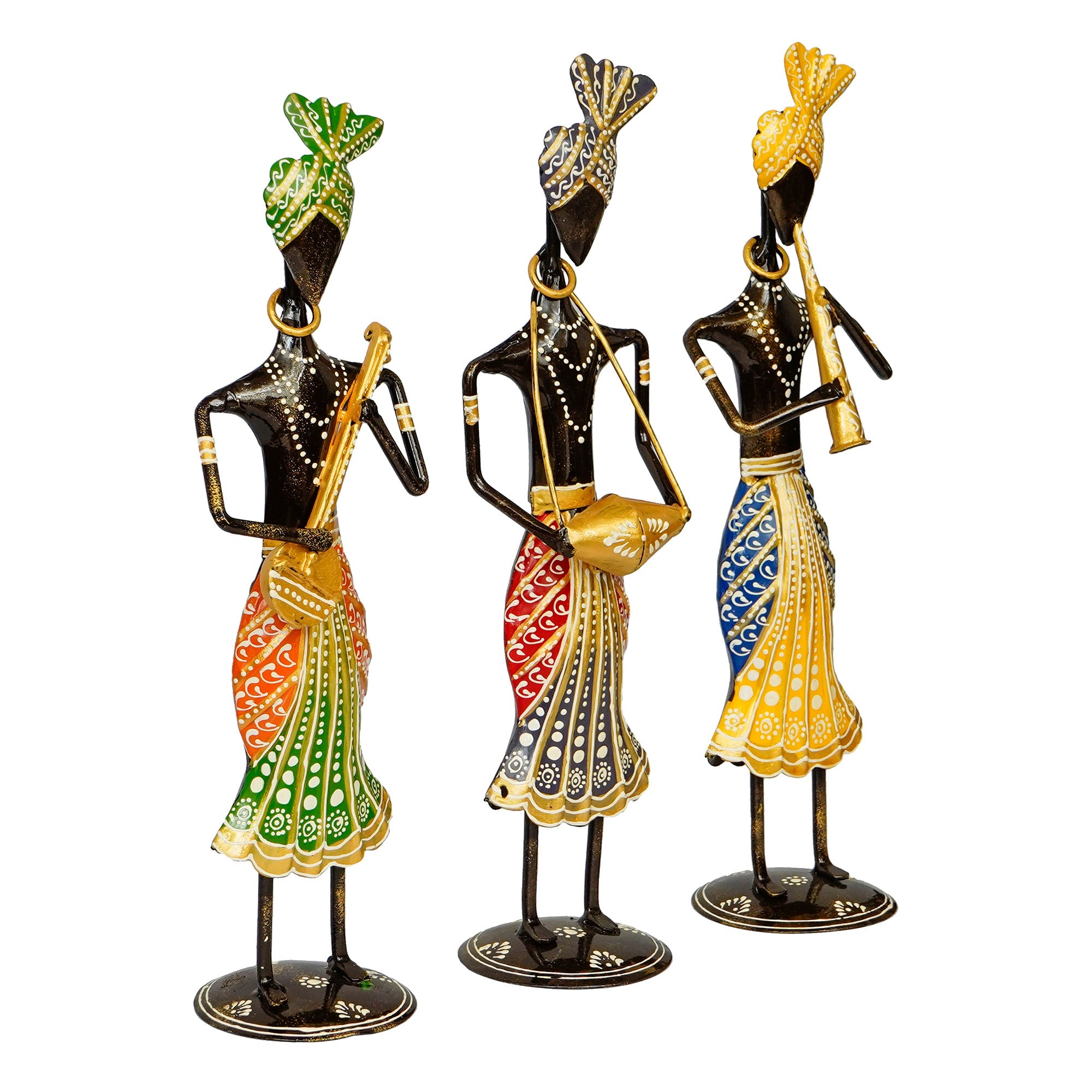Iron Set of 3 Tribal Man Figurines Playing Banjo, Dholak, Trumpet Musical Instruments Decorative Showpiece Kafalo