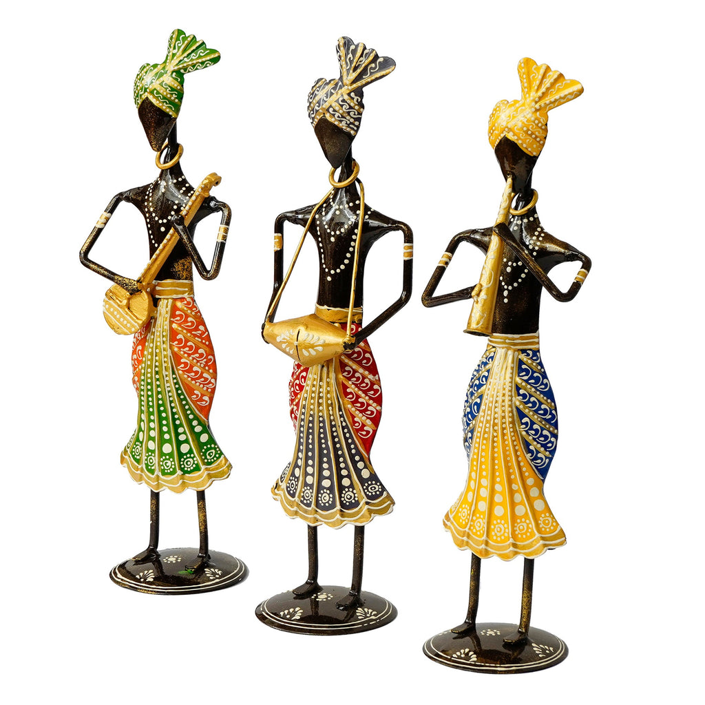 Iron Set of 3 Tribal Man Figurines Playing Banjo, Dholak, Trumpet Musical Instruments Decorative Showpiece Kafalo