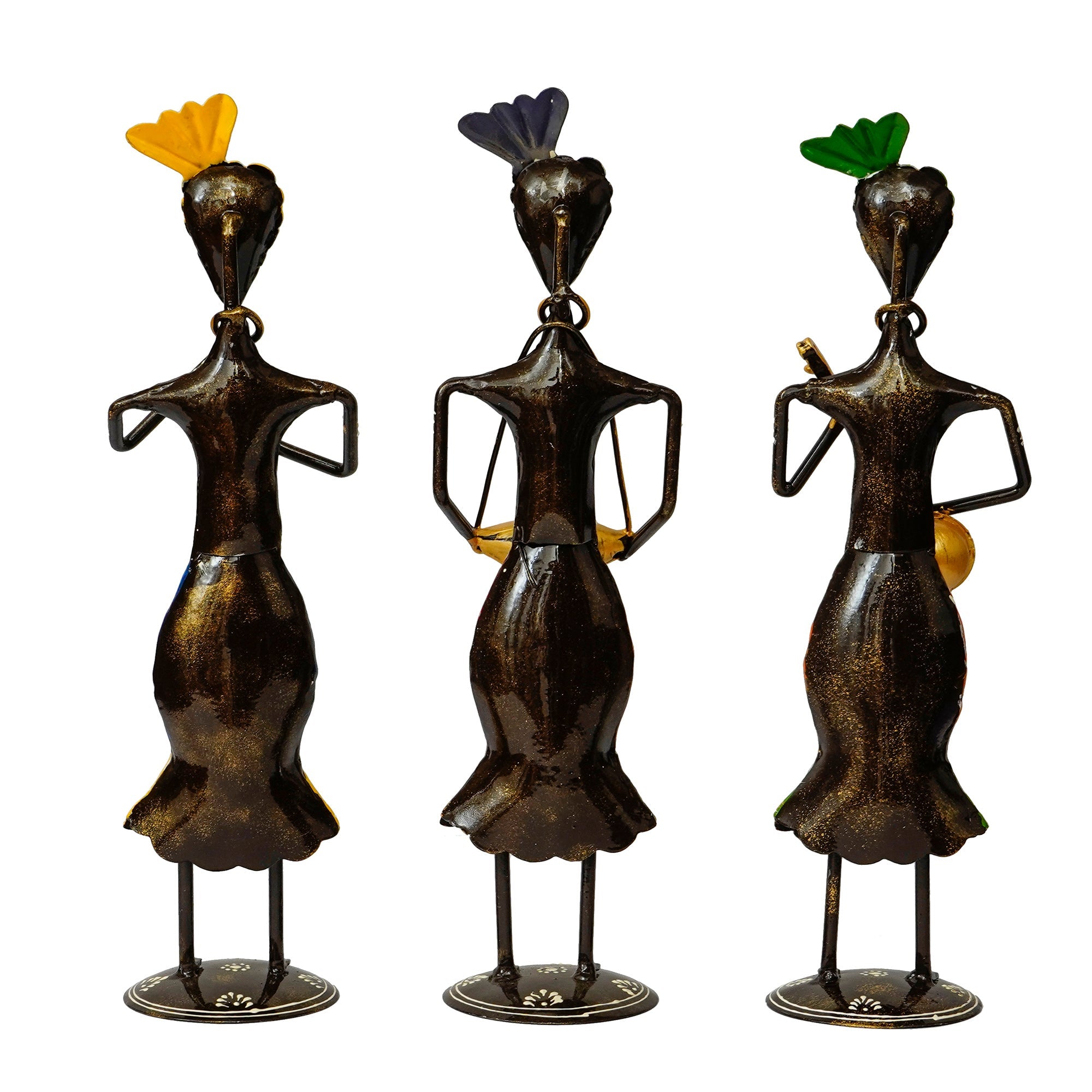 Iron Set of 3 Tribal Man Figurines Playing Banjo, Dholak, Trumpet Musical Instruments Decorative Showpiece Kafalo