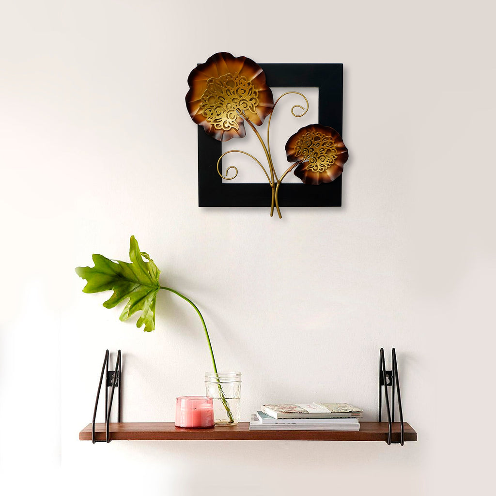 Golden Iron Leaves with Wooden Frame Handcrafted Wall Hanging Kafalo