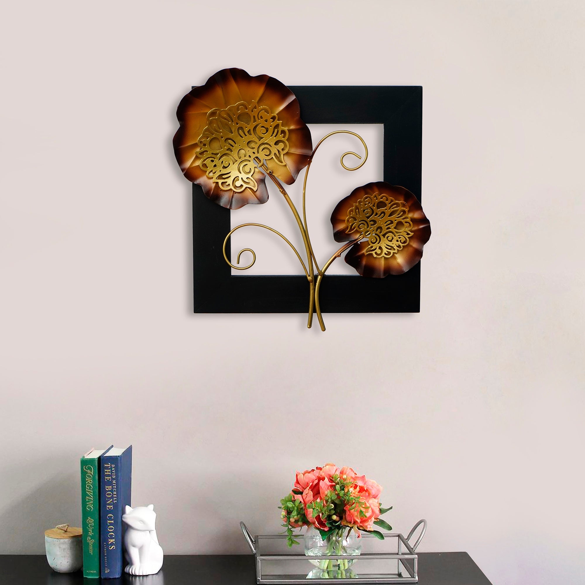 Golden Iron Leaves with Wooden Frame Handcrafted Wall Hanging Kafalo