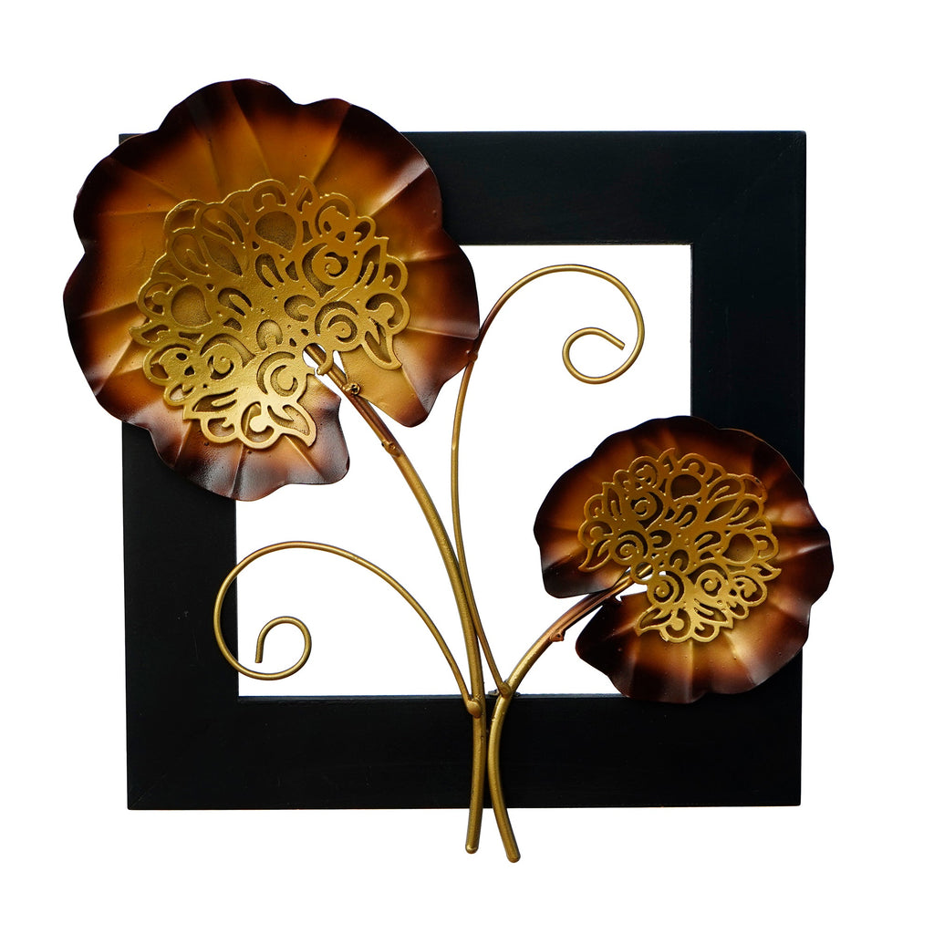 Golden Iron Leaves with Wooden Frame Handcrafted Wall Hanging Kafalo