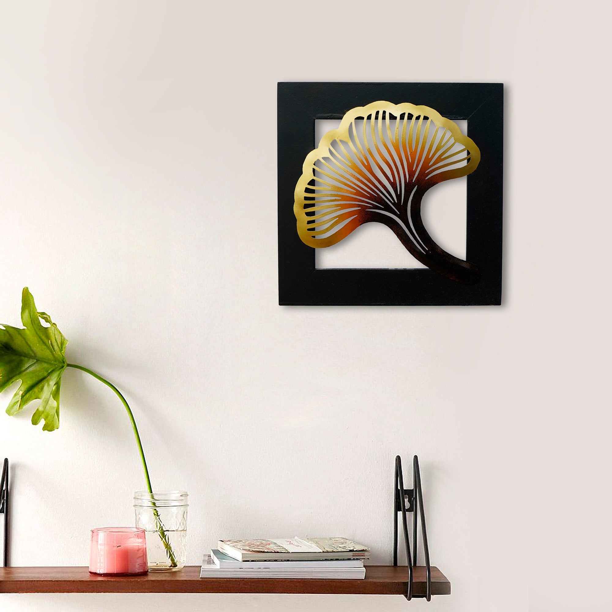 Colorful Iron Leaf with Wooden Frame Handcrafted Wall Hanging Kafalo