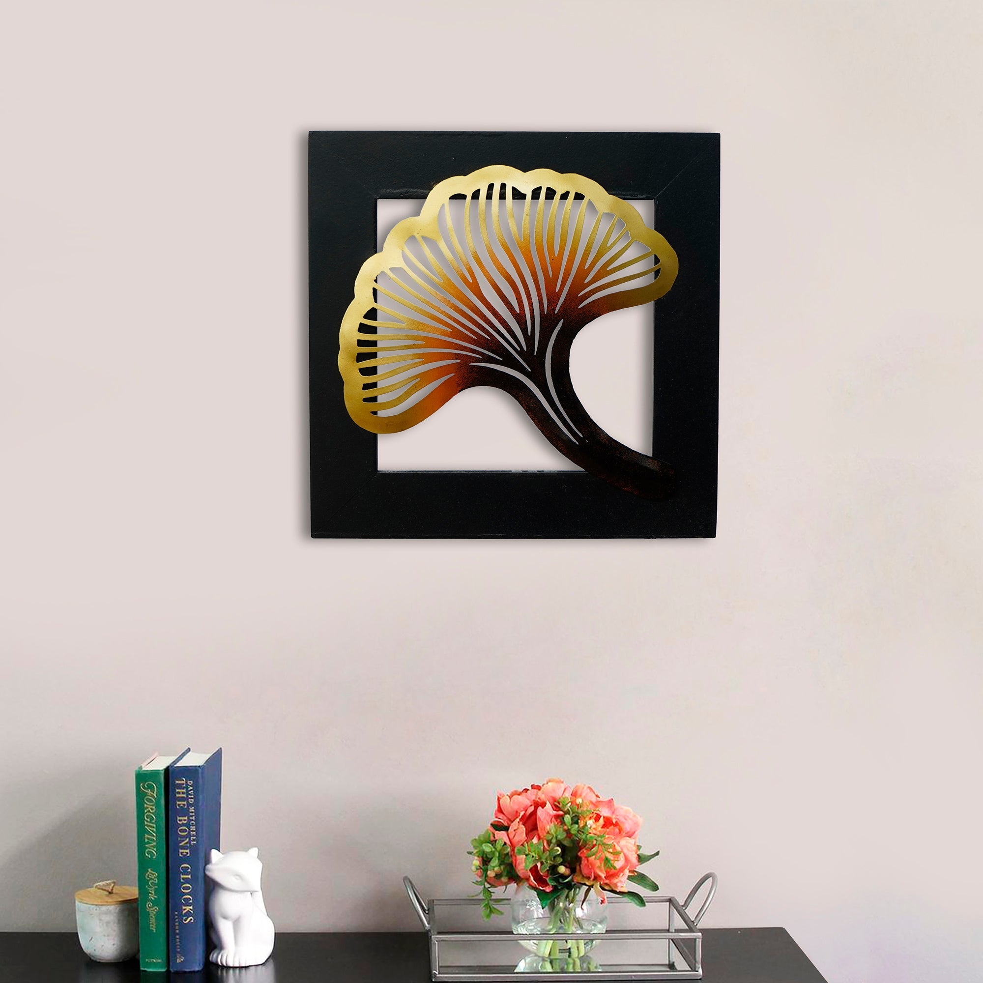 Colorful Iron Leaf with Wooden Frame Handcrafted Wall Hanging Kafalo