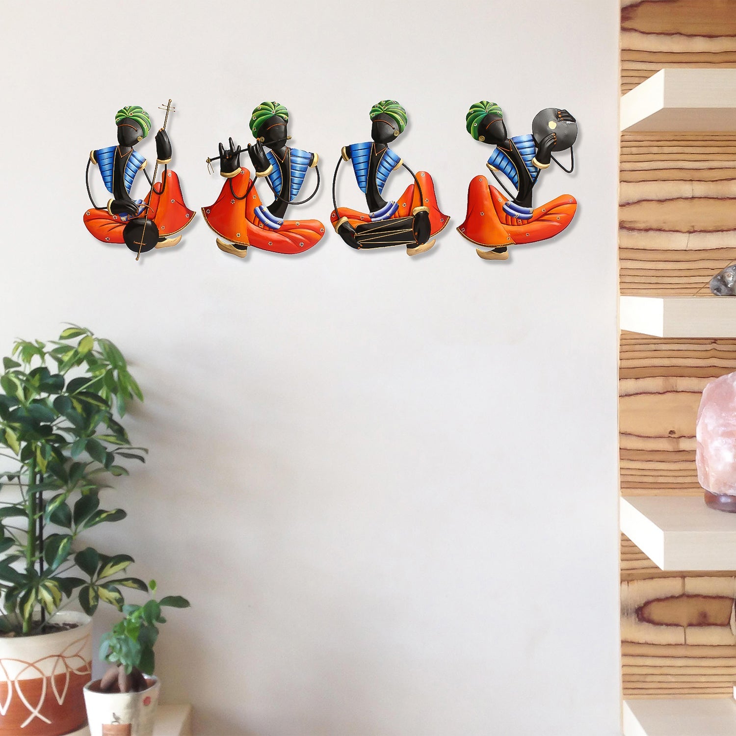 Set Of 4 Tribal Man Playing Different Musical Instruments Iron Wall Hanging (Orange, Blue, Black, Green) Kafalo