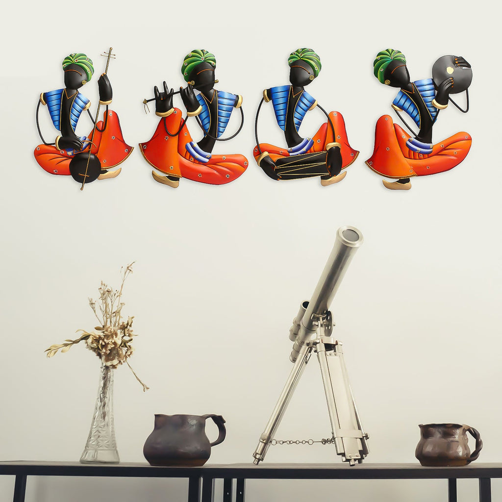 Set Of 4 Tribal Man Playing Different Musical Instruments Iron Wall Hanging (Orange, Blue, Black, Green) Kafalo