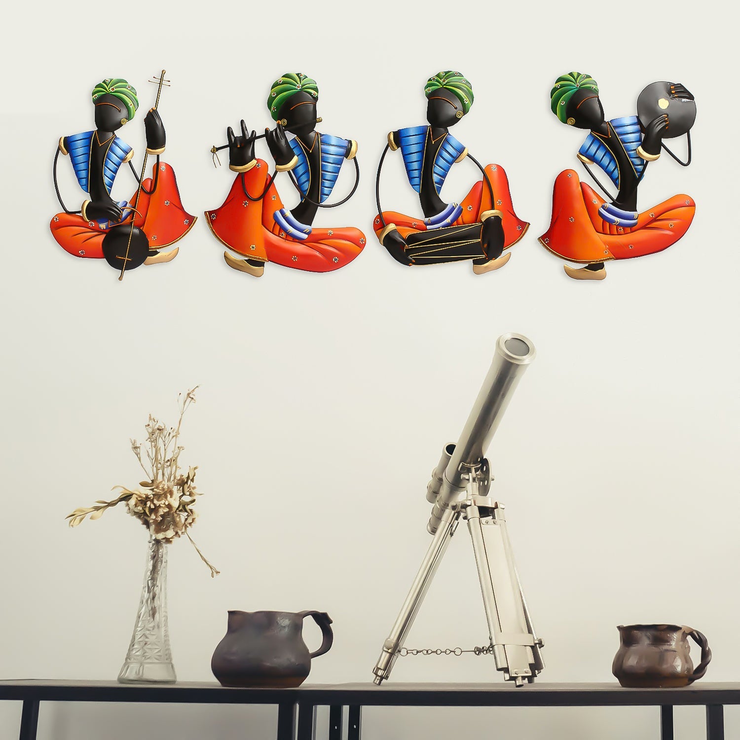 Set Of 4 Tribal Man Playing Different Musical Instruments Iron Wall Hanging (Orange, Blue, Black, Green) Kafalo