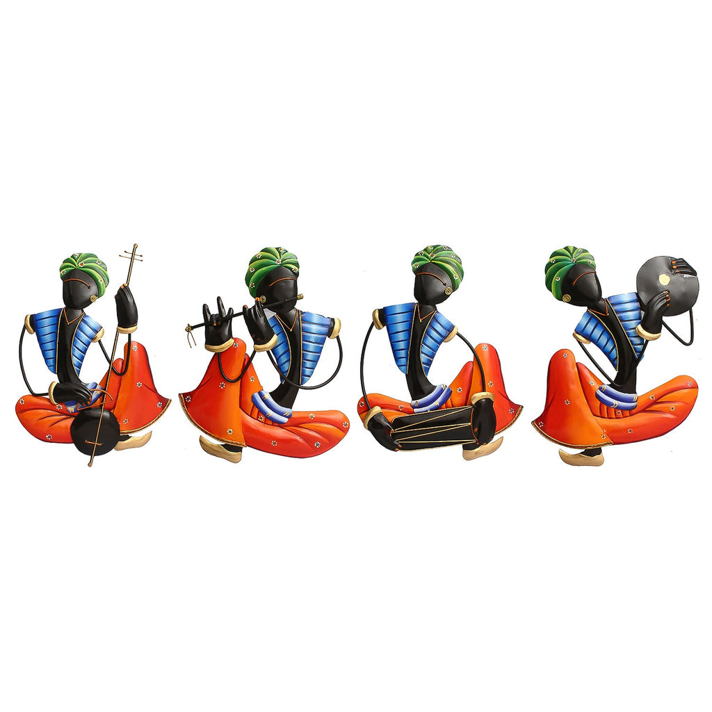 Set Of 4 Tribal Man Playing Different Musical Instruments Iron Wall Hanging (Orange, Blue, Black, Green) Kafalo