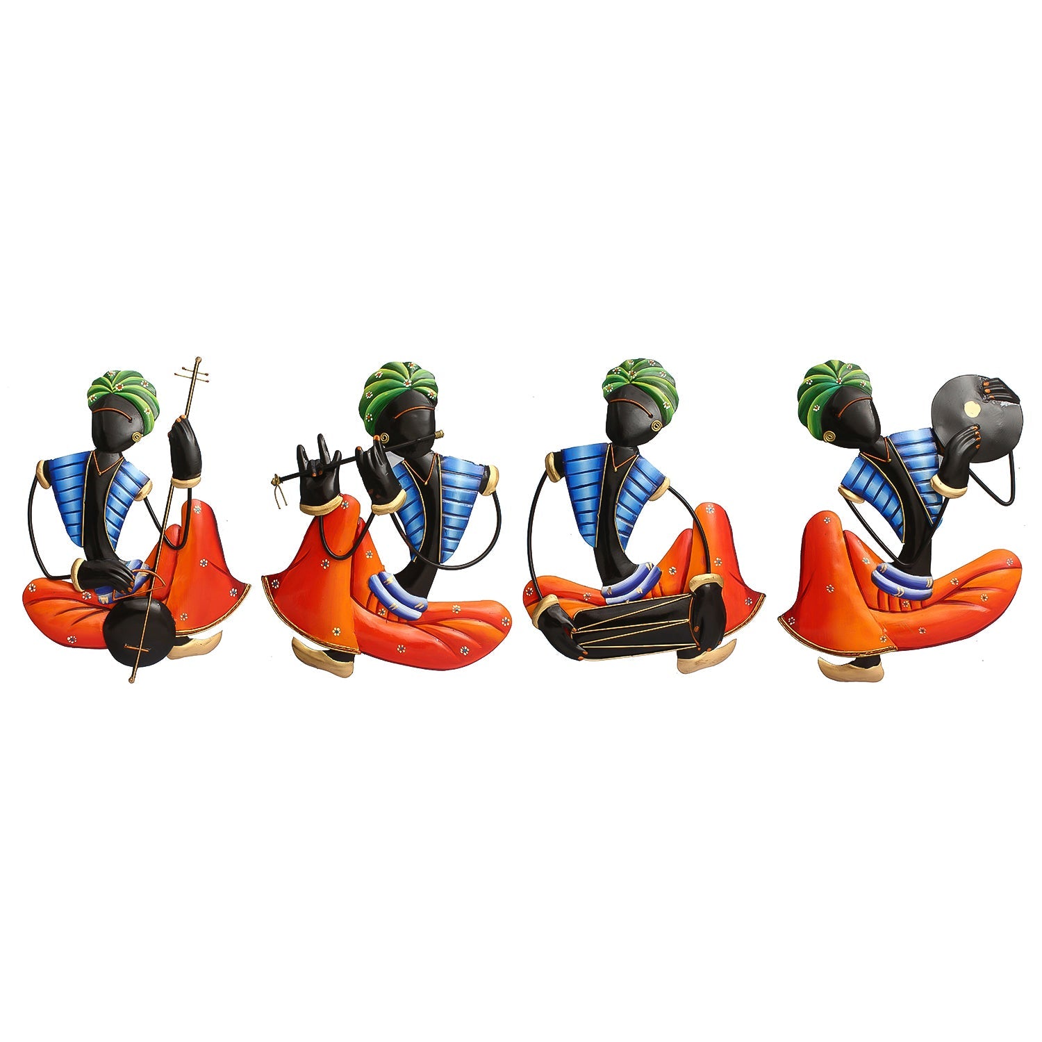 Set Of 4 Tribal Man Playing Different Musical Instruments Iron Wall Hanging (Orange, Blue, Black, Green) Kafalo