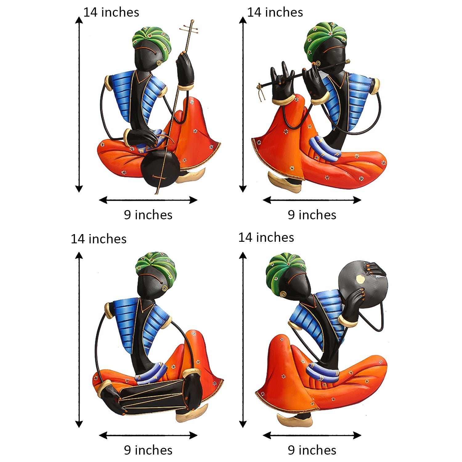 Set Of 4 Tribal Man Playing Different Musical Instruments Iron Wall Hanging (Orange, Blue, Black, Green) Kafalo