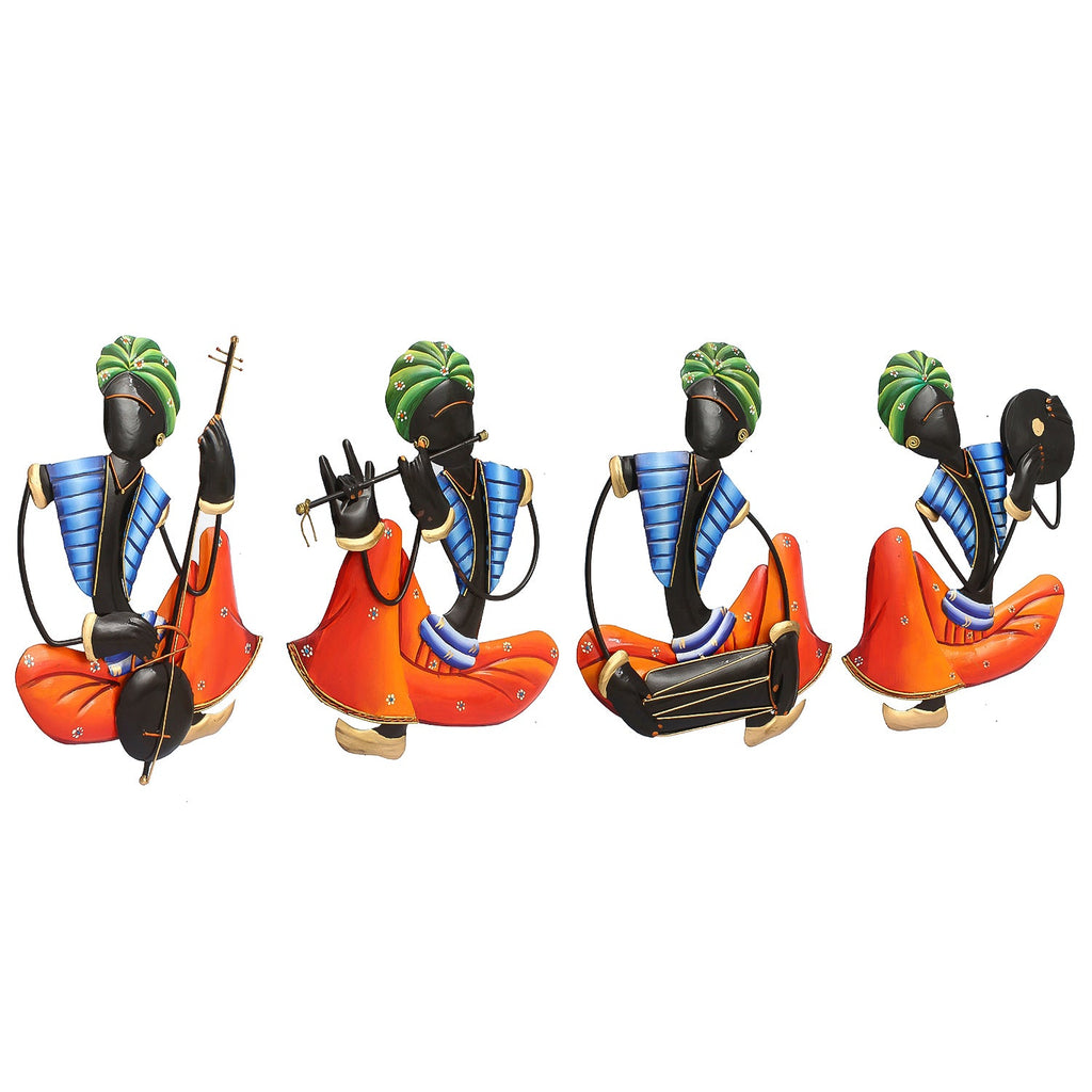 Set Of 4 Tribal Man Playing Different Musical Instruments Iron Wall Hanging (Orange, Blue, Black, Green) Kafalo
