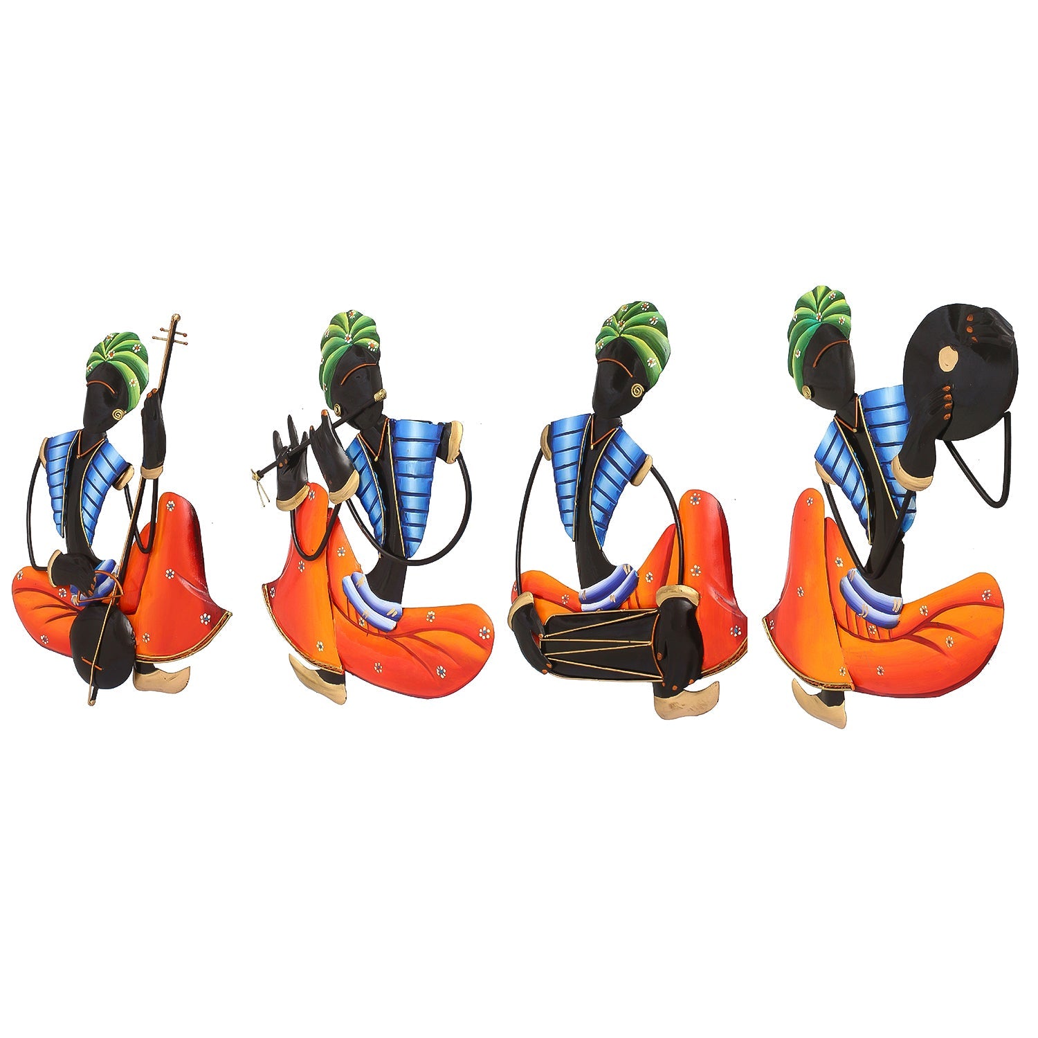 Set Of 4 Tribal Man Playing Different Musical Instruments Iron Wall Hanging (Orange, Blue, Black, Green) Kafalo