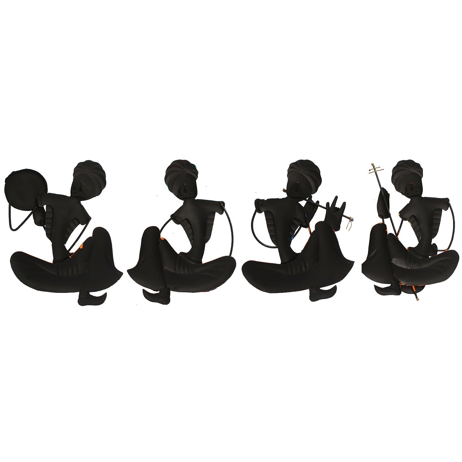 Set Of 4 Tribal Man Playing Different Musical Instruments Iron Wall Hanging (Orange, Blue, Black, Green) Kafalo