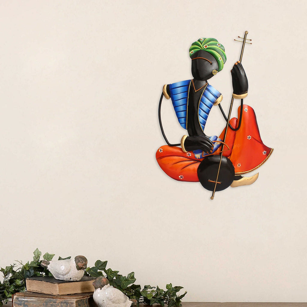 Musician Tribal Man Playing Veena Wall Hanging (Orange, Blue, Black and Green) Kafalo