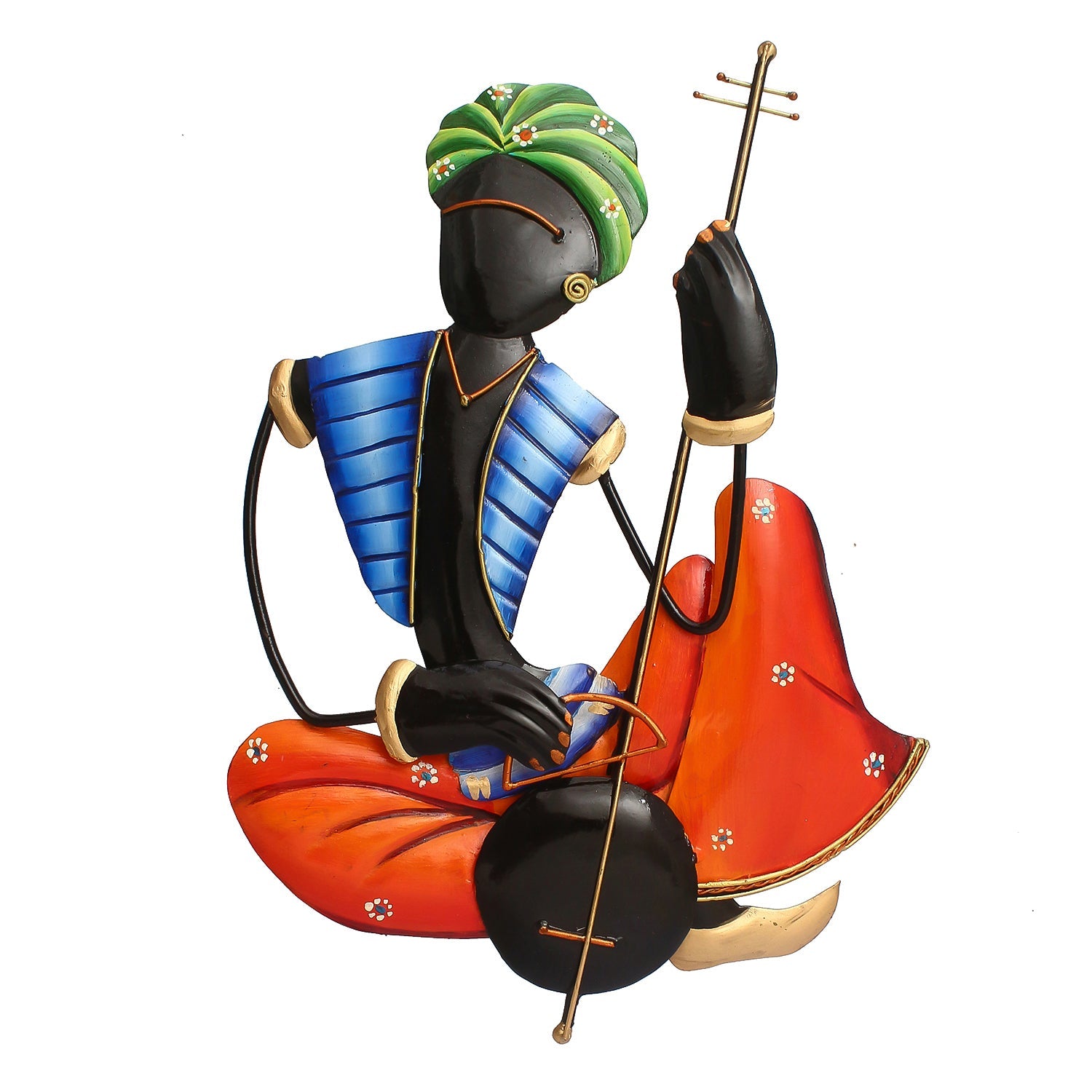 Musician Tribal Man Playing Veena Wall Hanging (Orange, Blue, Black and Green) Kafalo