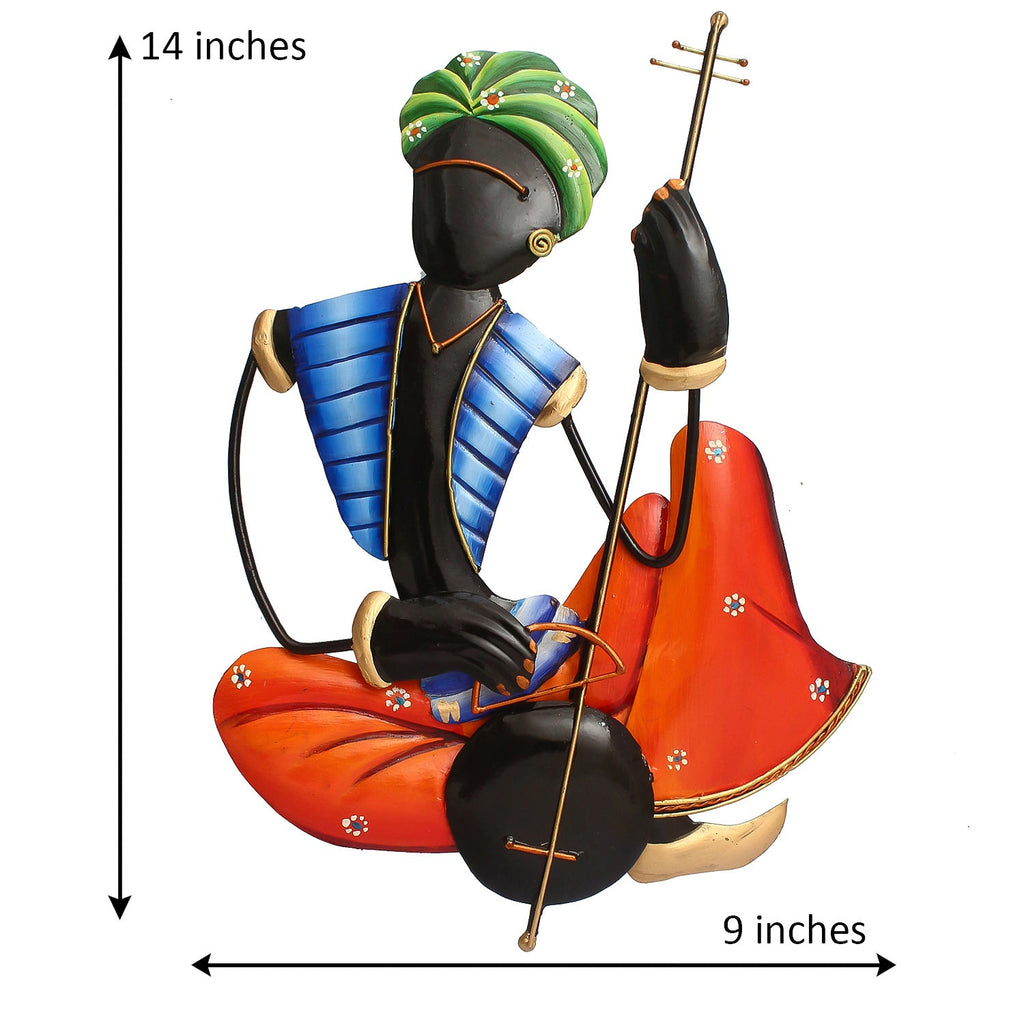 Musician Tribal Man Playing Veena Wall Hanging (Orange, Blue, Black and Green) Kafalo