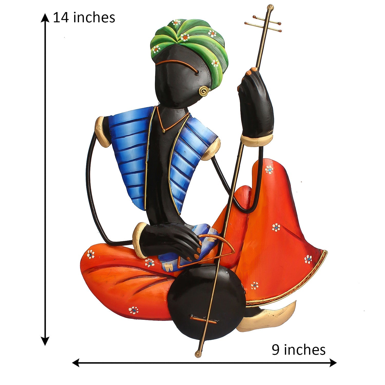 Musician Tribal Man Playing Veena Wall Hanging (Orange, Blue, Black and Green) Kafalo
