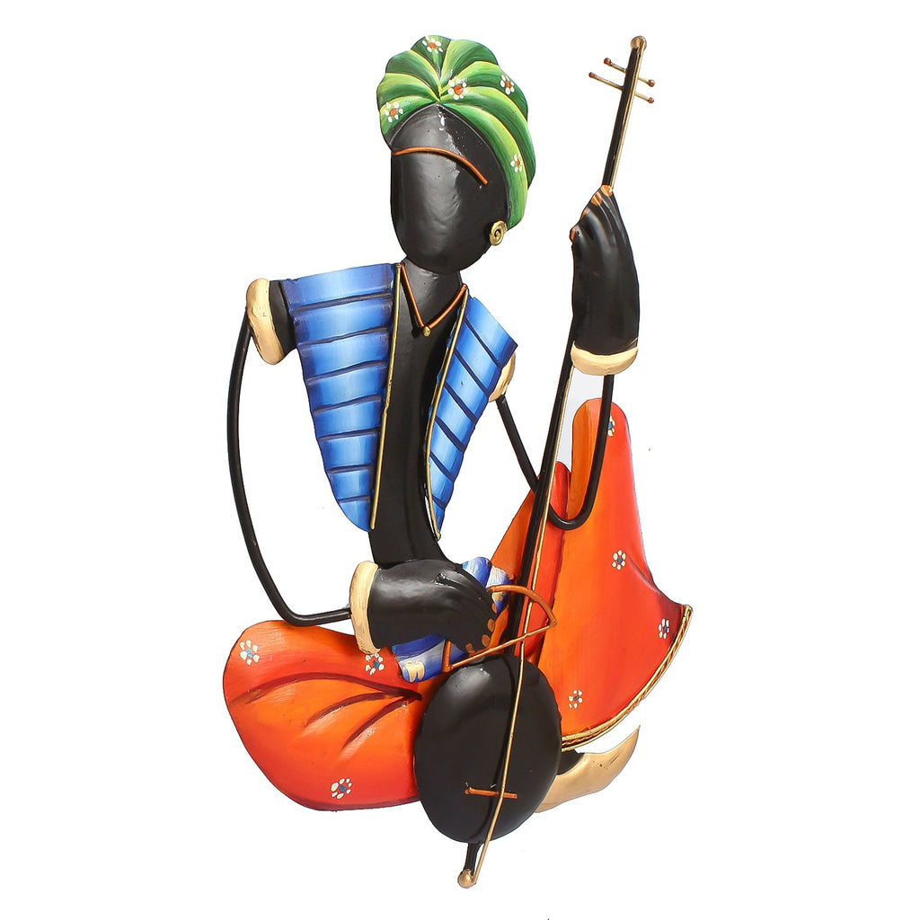 Musician Tribal Man Playing Veena Wall Hanging (Orange, Blue, Black and Green) Kafalo